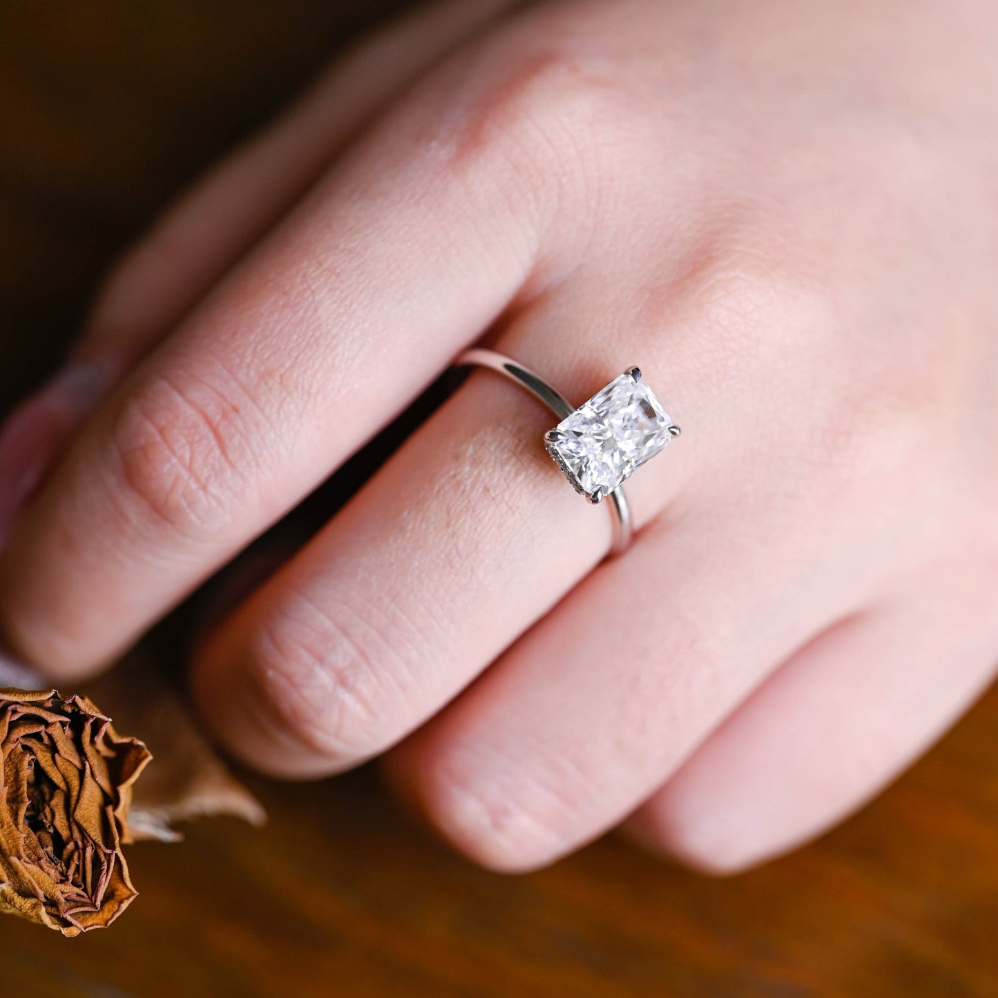 CausYou radiant cut moissanite engagement ring Solid Gold Crushed Ice Radiant Cut Moissanite Engagement Ring Hidden Halo