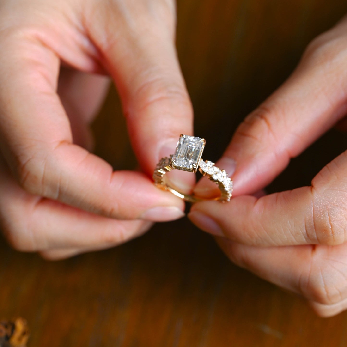 CausYou Radiant Cut Moissanite Engagement Ring Solid Gold Hidden Halo Emerald Cut Moissanite Engagement Ring