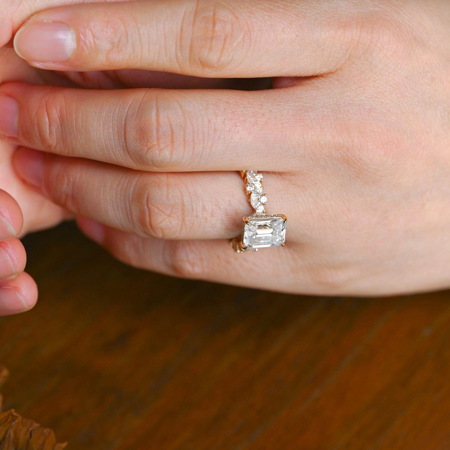 CausYou Radiant Cut Moissanite Engagement Ring Solid Gold Hidden Halo Emerald Cut Moissanite Engagement Ring