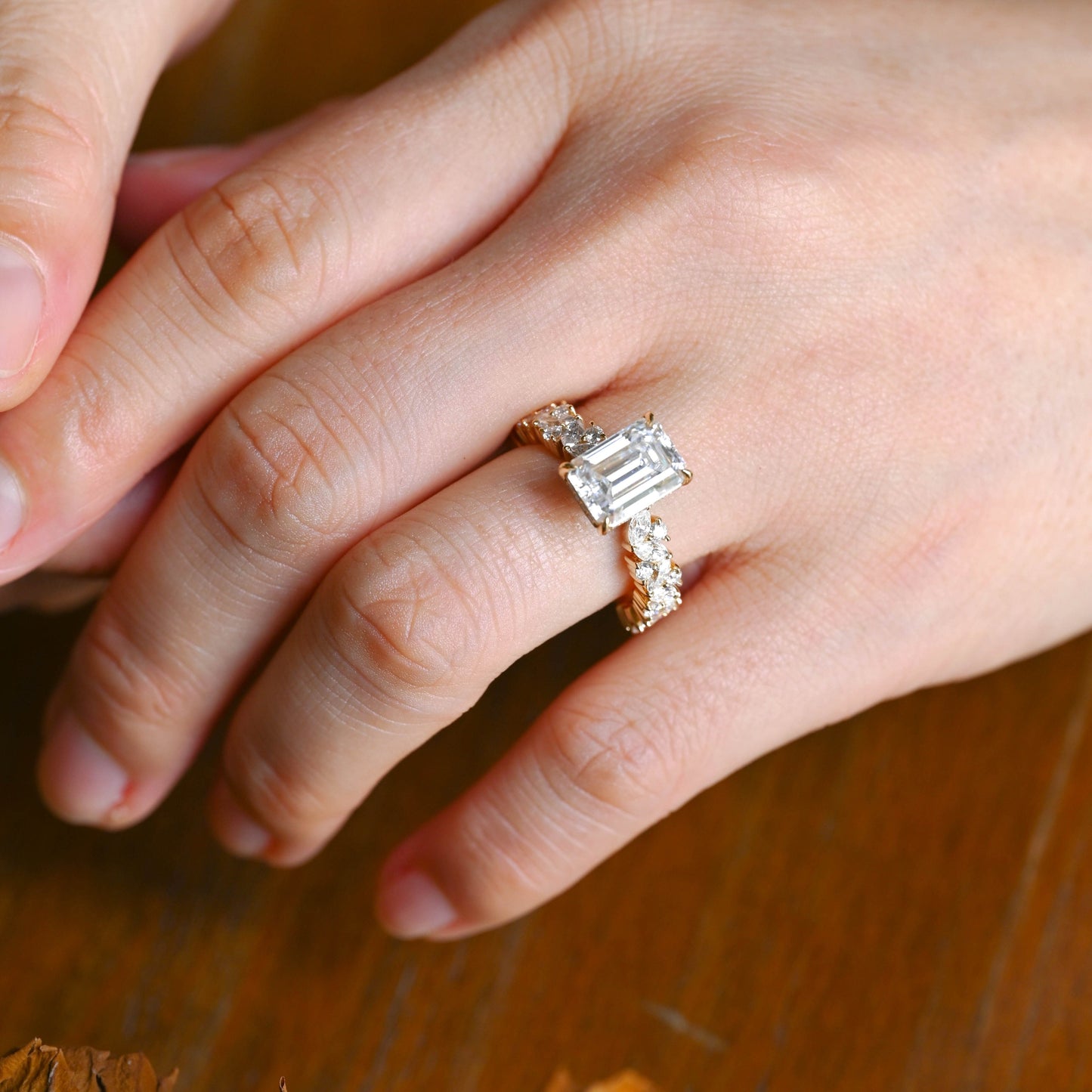 CausYou Radiant Cut Moissanite Engagement Ring Solid Gold Hidden Halo Emerald Cut Moissanite Engagement Ring