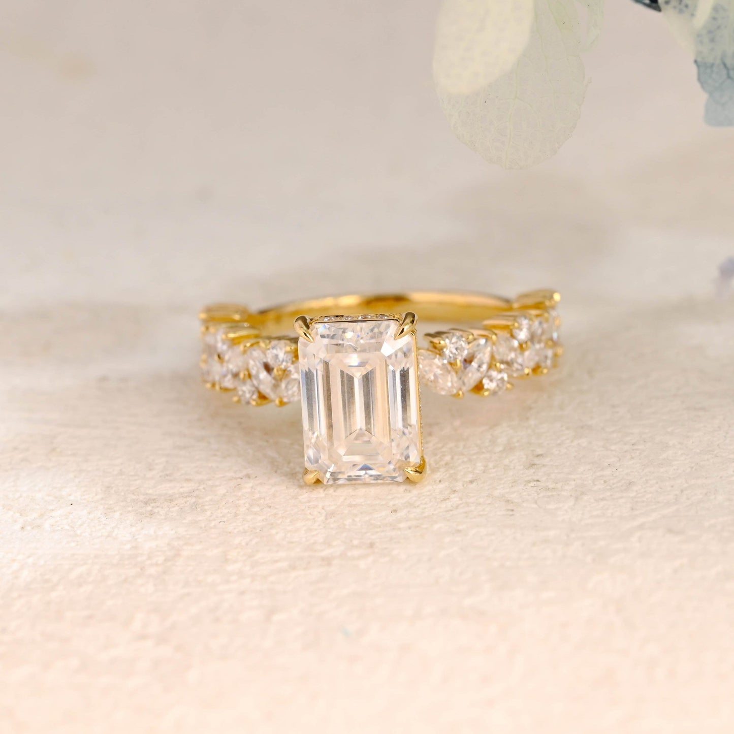 CausYou Radiant Cut Moissanite Engagement Ring Solid Gold Hidden Halo Emerald Cut Moissanite Engagement Ring