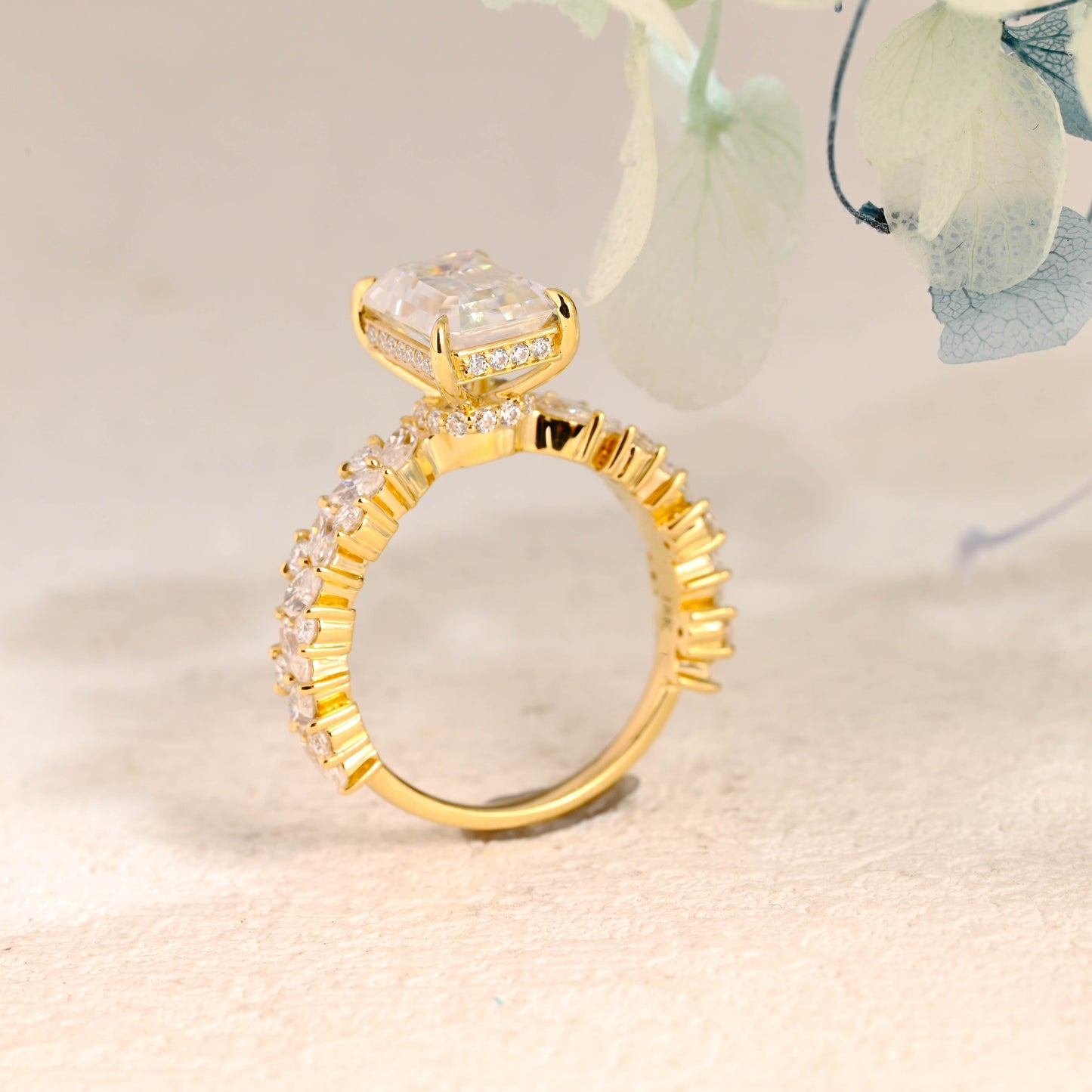 CausYou Radiant Cut Moissanite Engagement Ring Solid Gold Hidden Halo Emerald Cut Moissanite Engagement Ring