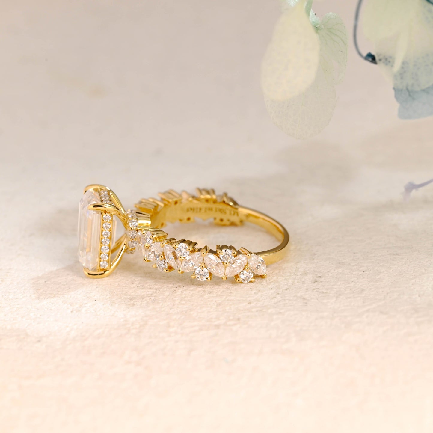 CausYou Radiant Cut Moissanite Engagement Ring Solid Gold Hidden Halo Emerald Cut Moissanite Engagement Ring