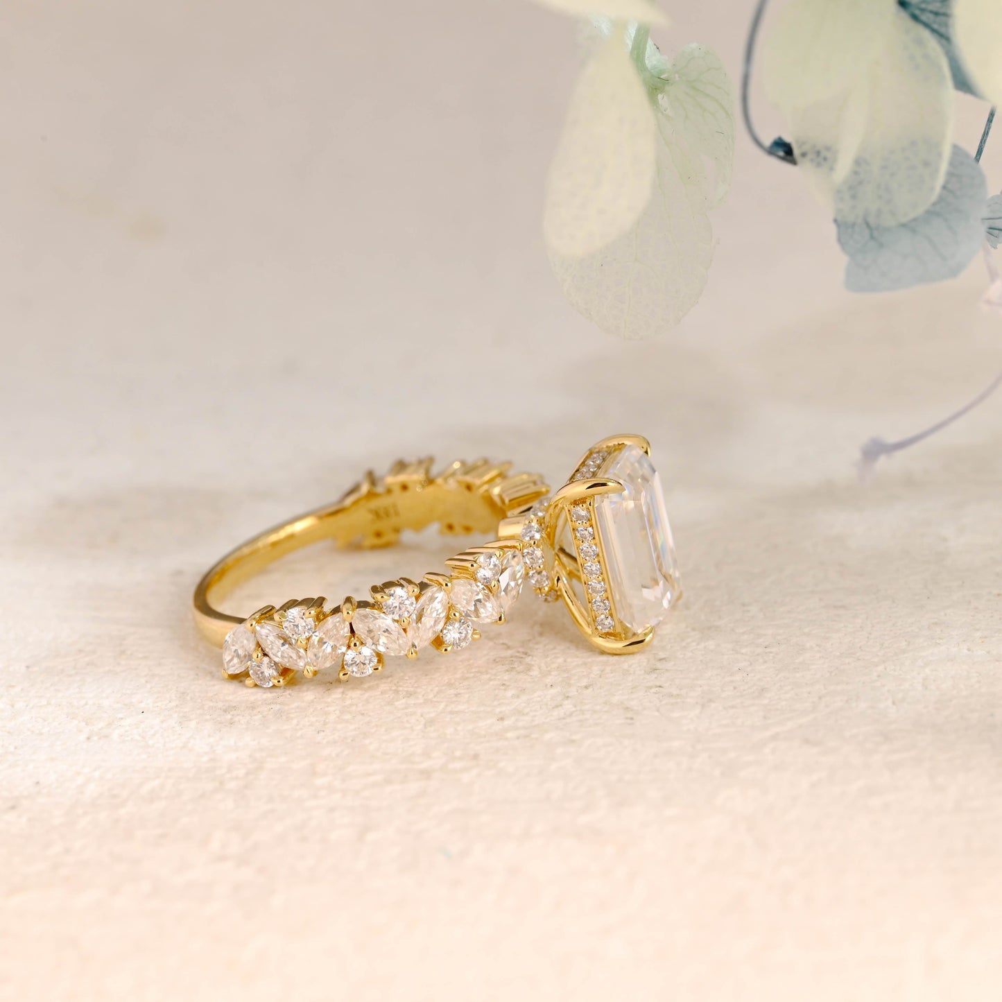 CausYou Radiant Cut Moissanite Engagement Ring Solid Gold Hidden Halo Emerald Cut Moissanite Engagement Ring