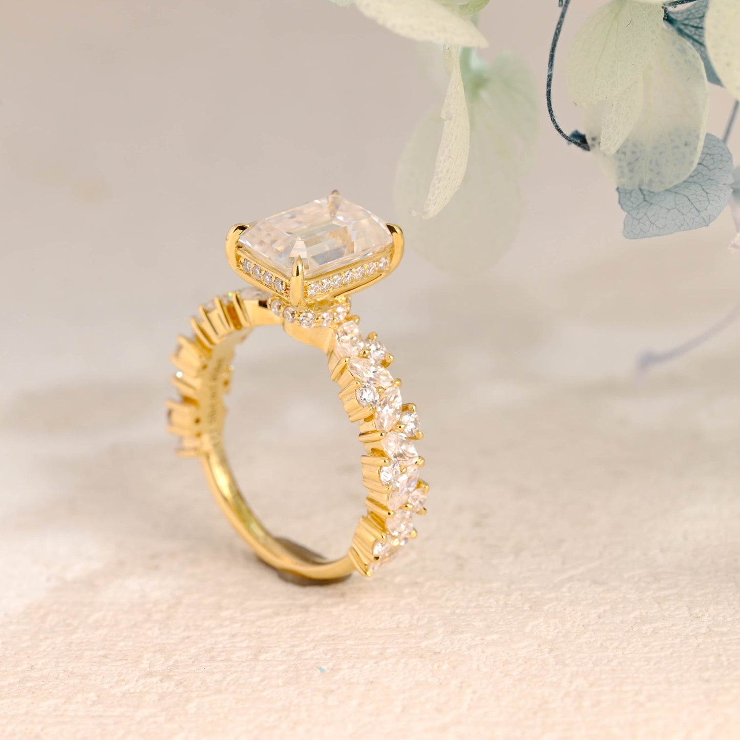 CausYou Radiant Cut Moissanite Engagement Ring Solid Gold Hidden Halo Emerald Cut Moissanite Engagement Ring