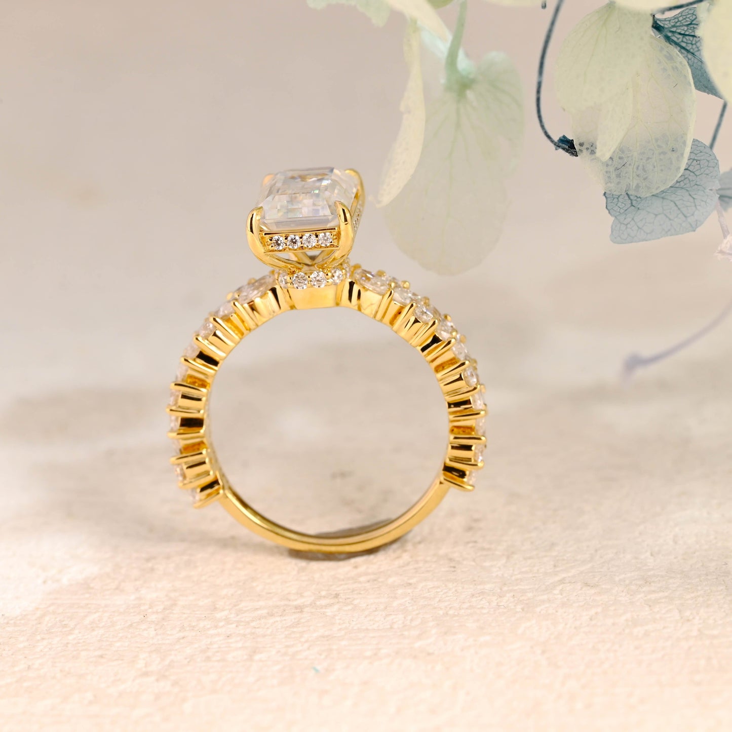 CausYou Radiant Cut Moissanite Engagement Ring Solid Gold Hidden Halo Emerald Cut Moissanite Engagement Ring