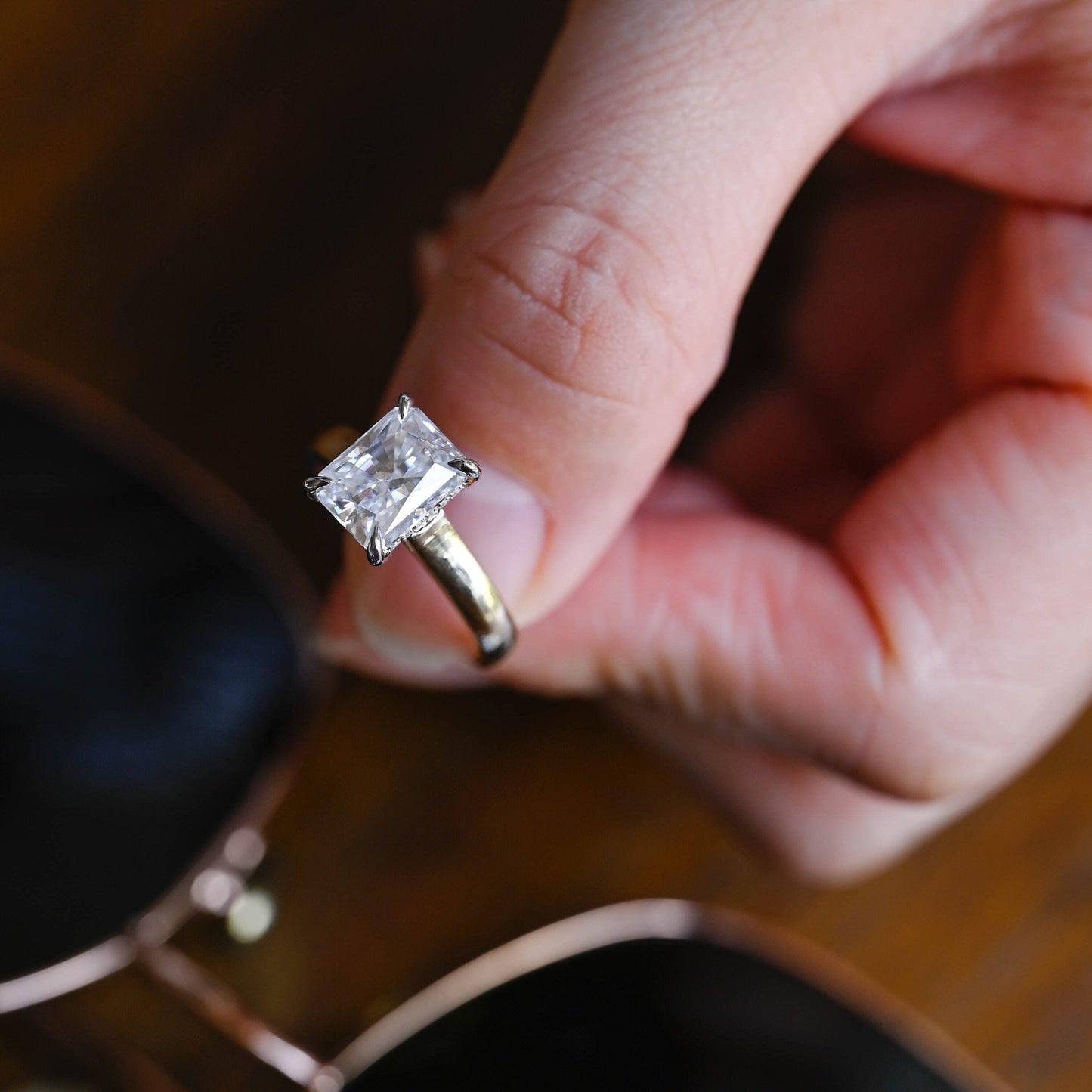 CausYou Radiant Cut Moissanite Engagement Ring Solid Gold Hidden Halo Radiant Cut Moissanite Engagement Ring