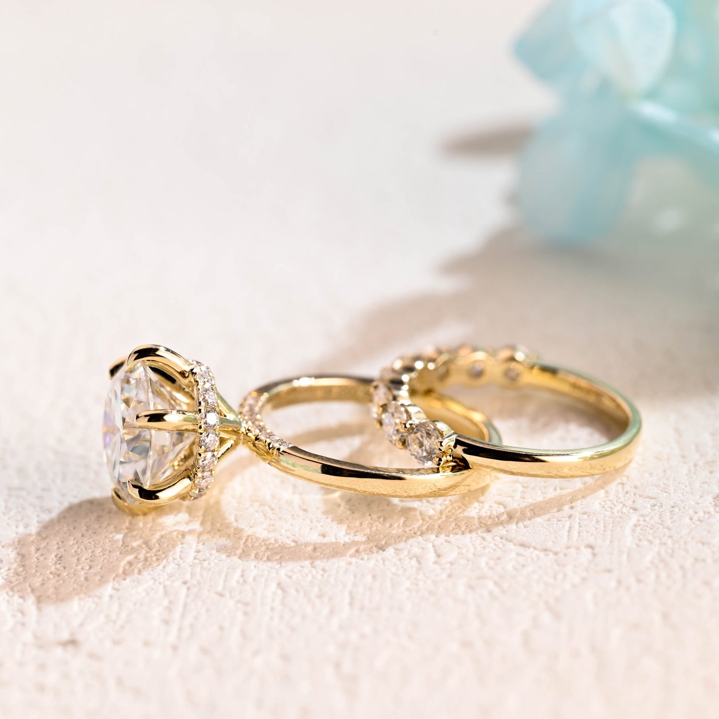 CausYou round cut bridal set Solid Gold Round Cut Moissanite Engagement Ring Set Hidden Halo, Bridal Set