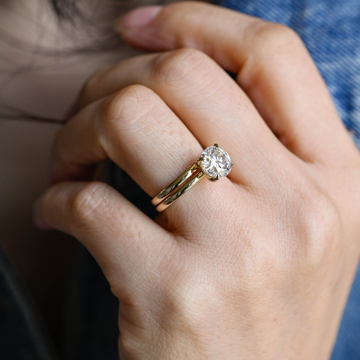 CausYou round cut bridal set Solid Gold Solitaire Round Cut Moissanite Engagement Ring Set, Bridal Set