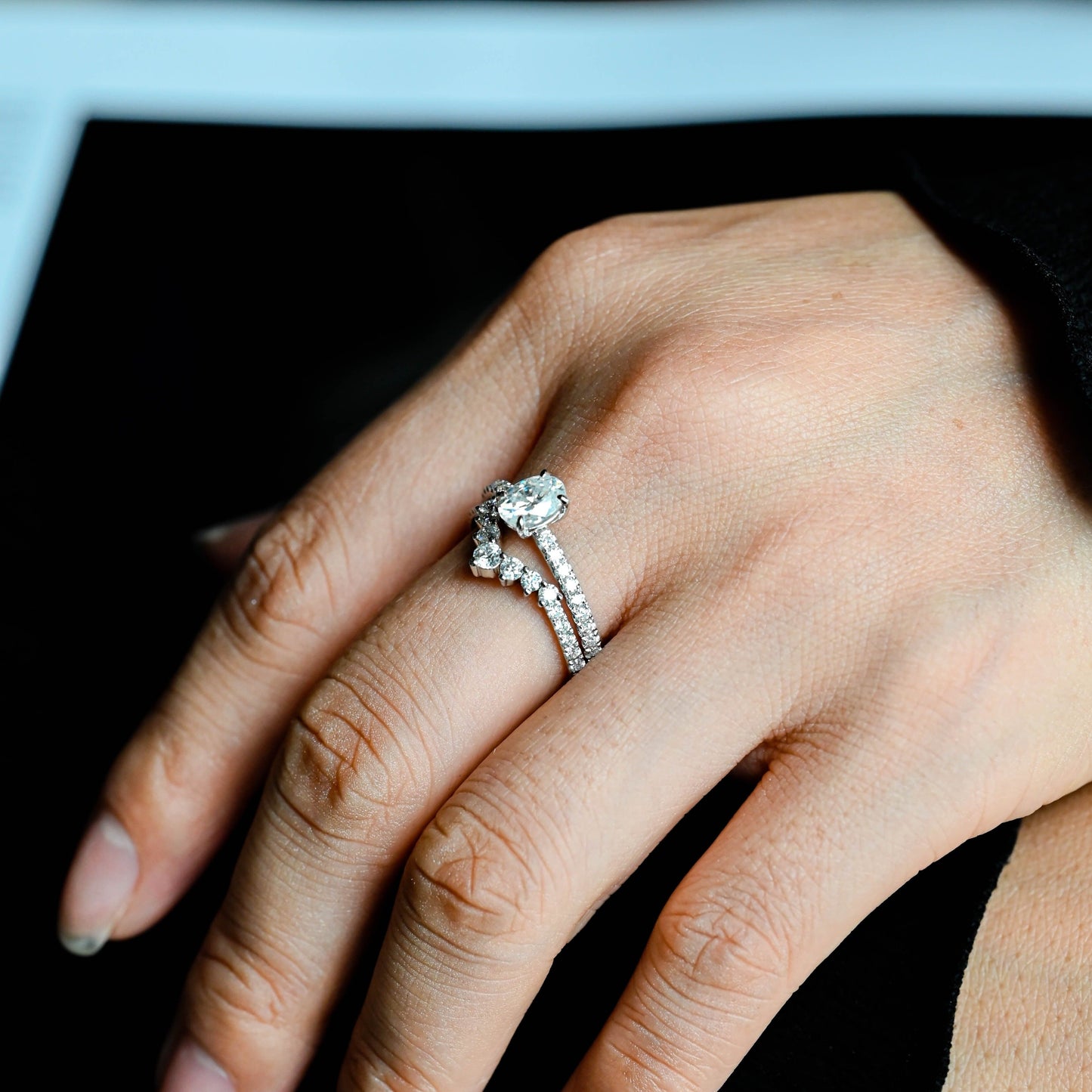 CausYou round cut diamond engagement ring Solid Gold Curved Lab Grown Diamond Wedding Band, Matching Wedding Ring for Woman Wife