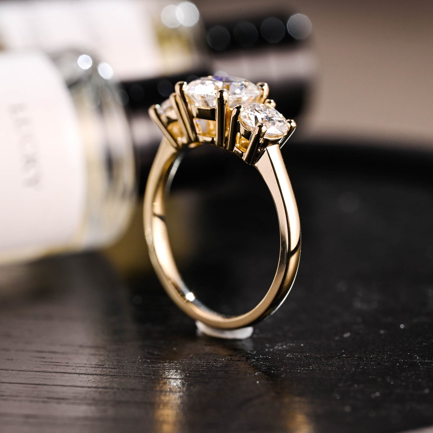 CausYou round cut diamond engagement ring Solid Gold D/VS1 Cathedral Setting Three Stone Round Cut Lab Grown Diamond Engagement Ring