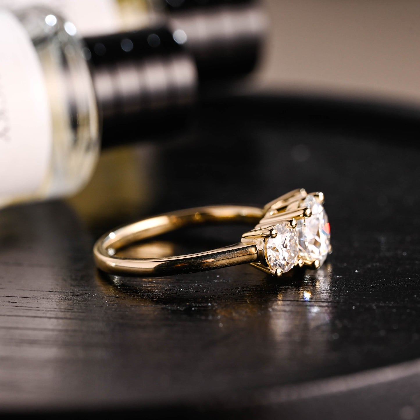 CausYou round cut diamond engagement ring Solid Gold D/VS1 Cathedral Setting Three Stone Round Cut Lab Grown Diamond Engagement Ring