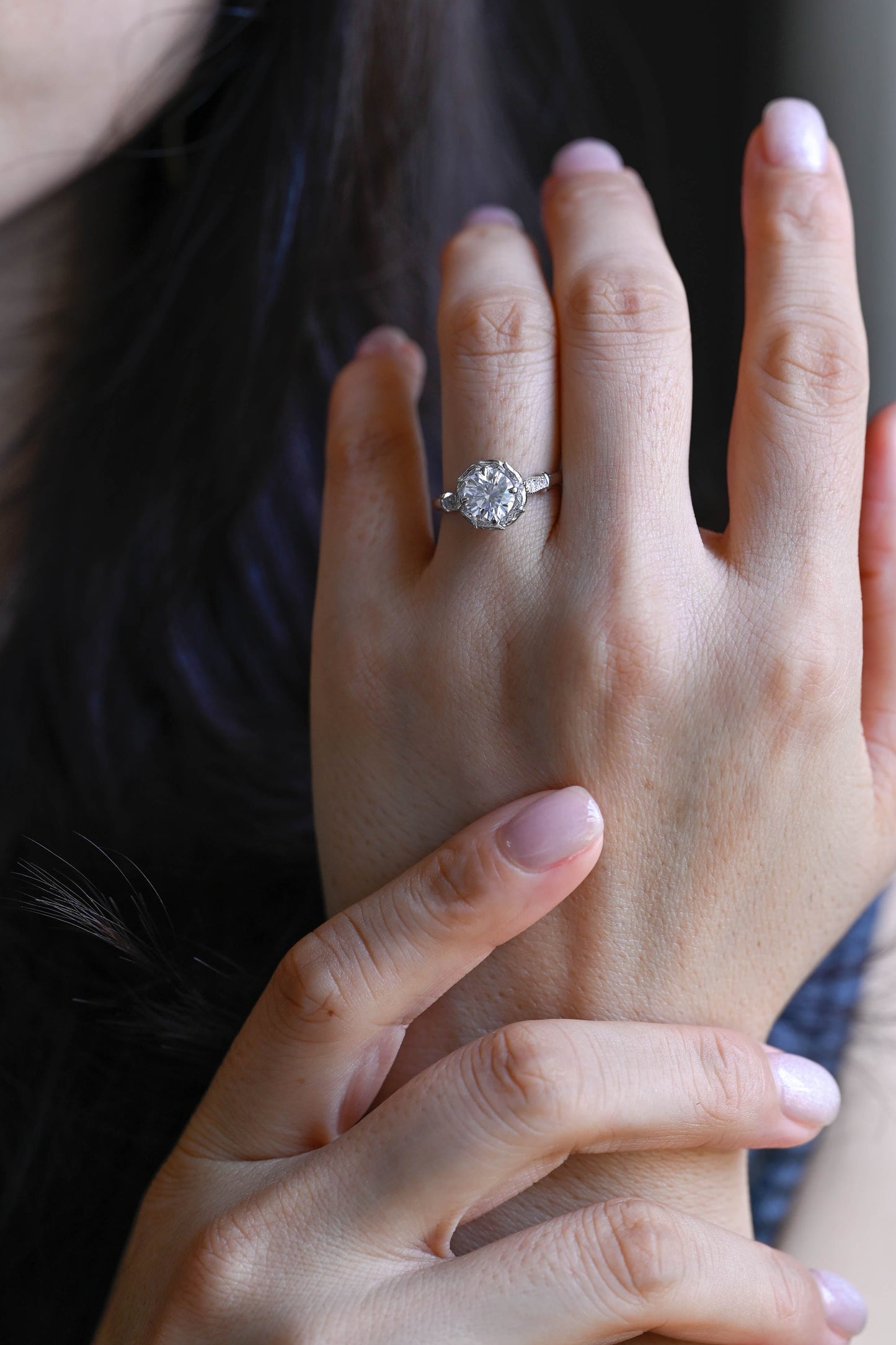 CausYou round cut diamond engagement ring Solid Gold D/VS1 Nature Inspired Leafy Round Cut Lab Grown Diamond Engagement Ring