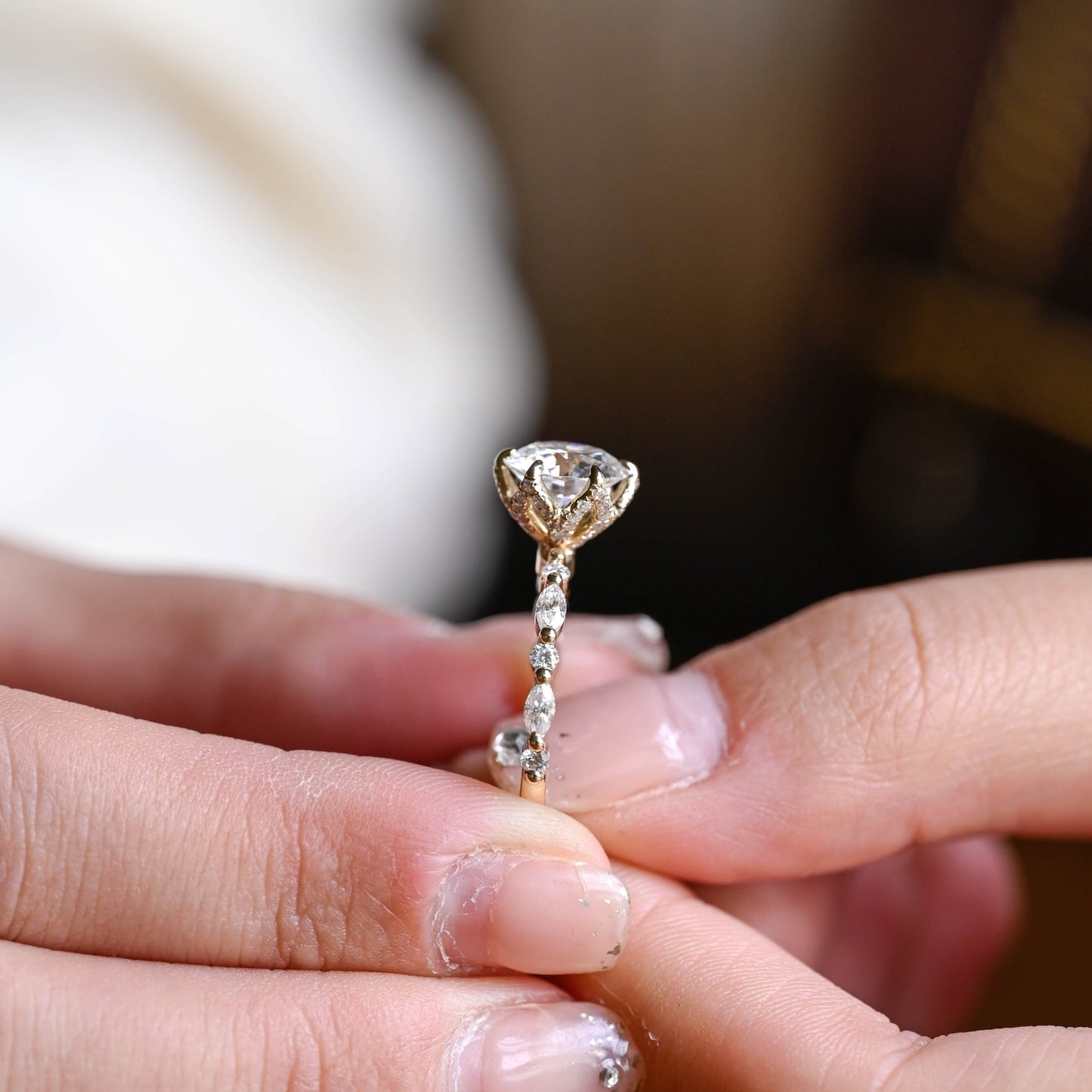 CausYou round cut moissanite engagement ring CausYou Solid Gold Round Cut Moissanite Engagement Ring, Tulip Set Half Eternity Wedding Ring Bridal Ring for Women