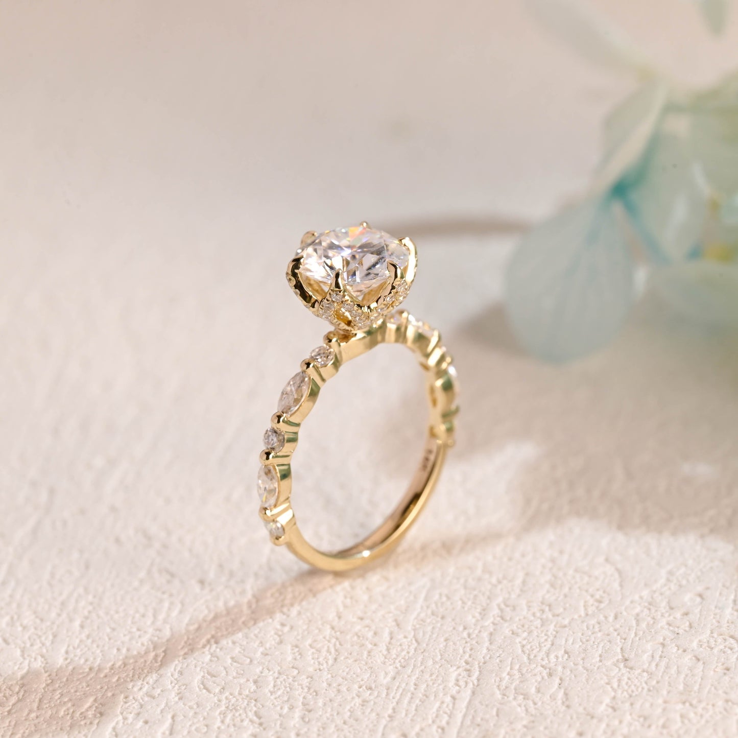 CausYou round cut moissanite engagement ring CausYou Solid Gold Round Cut Moissanite Engagement Ring, Tulip Set Half Eternity Wedding Ring Bridal Ring for Women