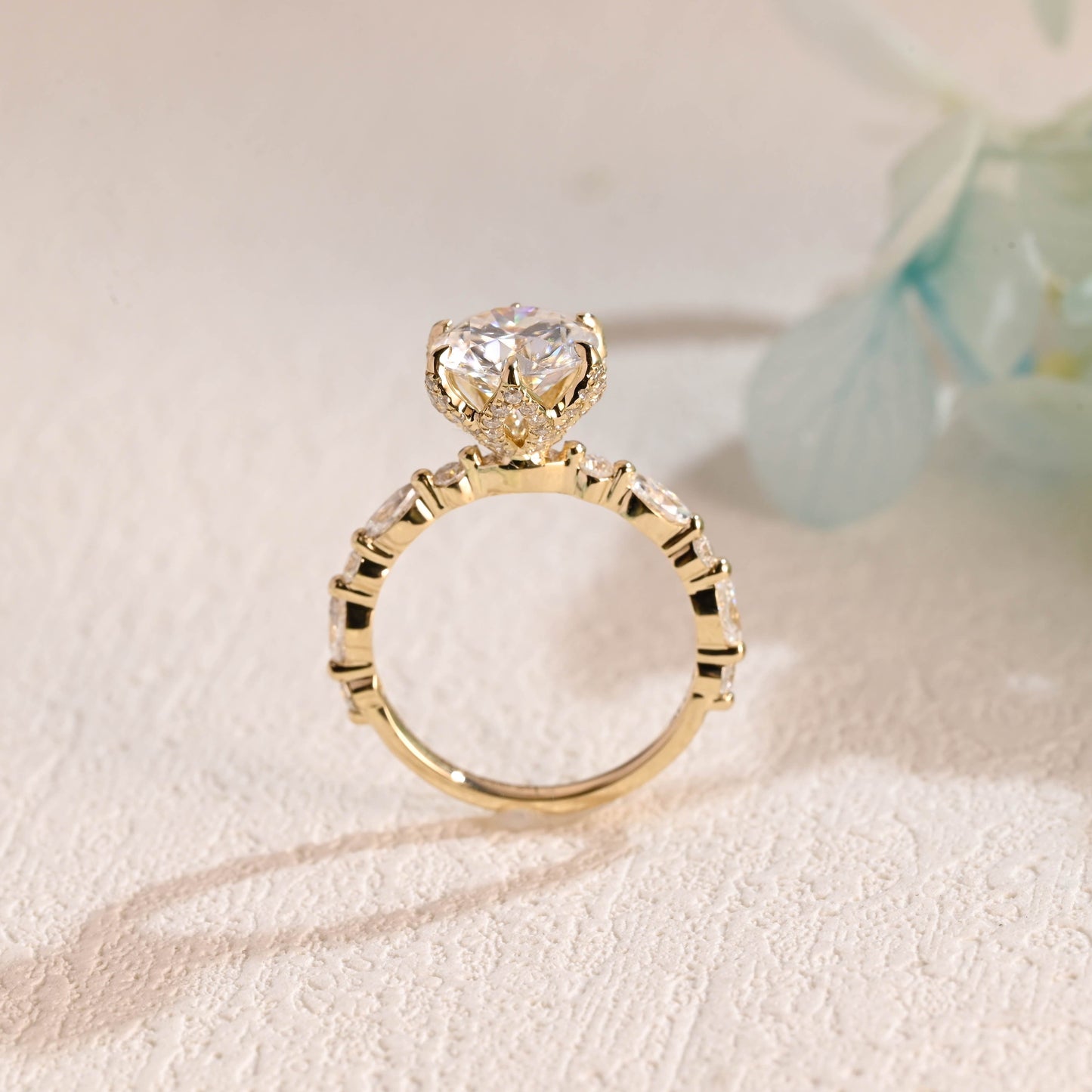 CausYou round cut moissanite engagement ring CausYou Solid Gold Round Cut Moissanite Engagement Ring, Tulip Set Half Eternity Wedding Ring Bridal Ring for Women