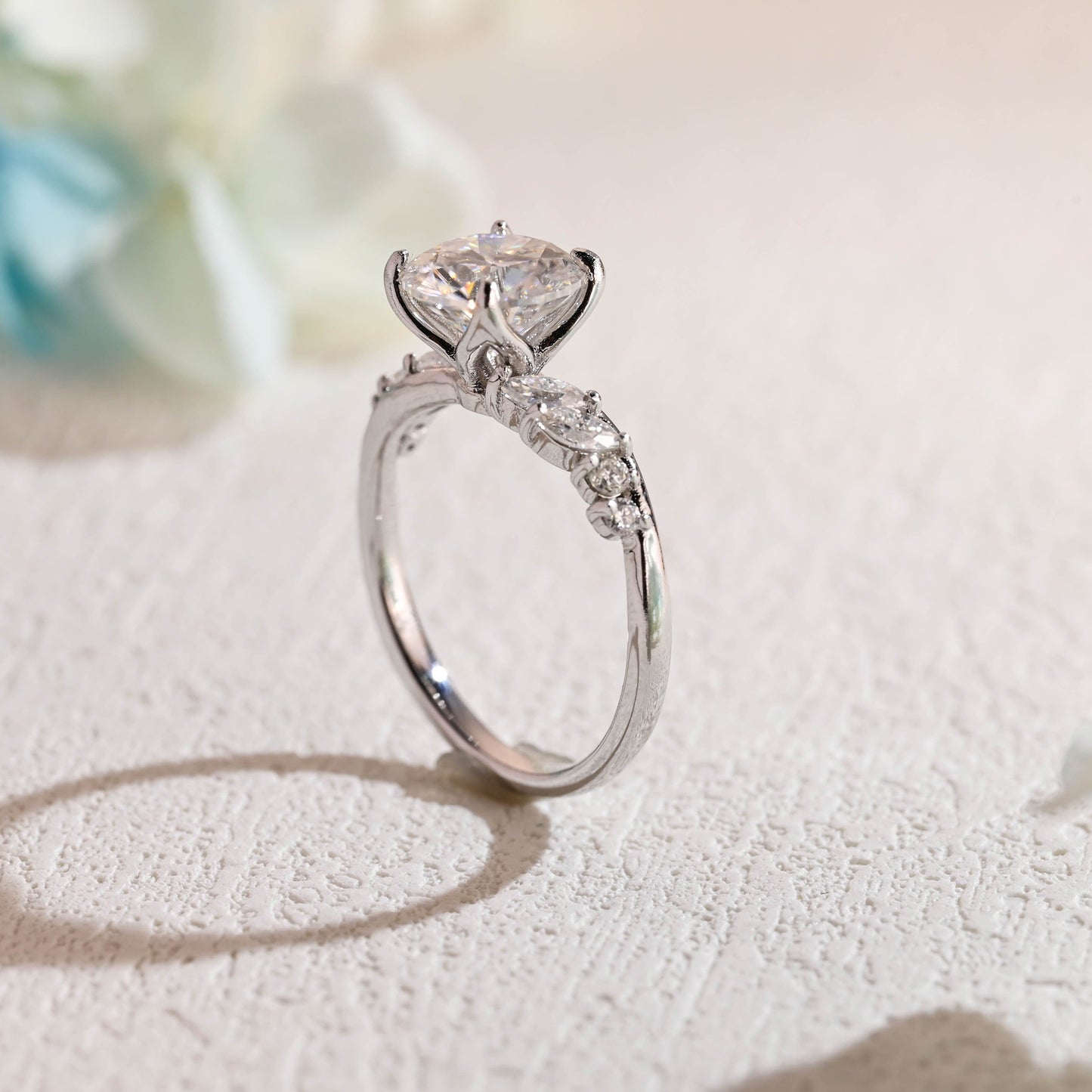 CausYou round cut moissanite engagement ring CausYou Solid Gold Tulip Setting Round Cut Moissanite Engagement Ring, Marquise Side Stones Promise Ring, Gift for Women, Wife
