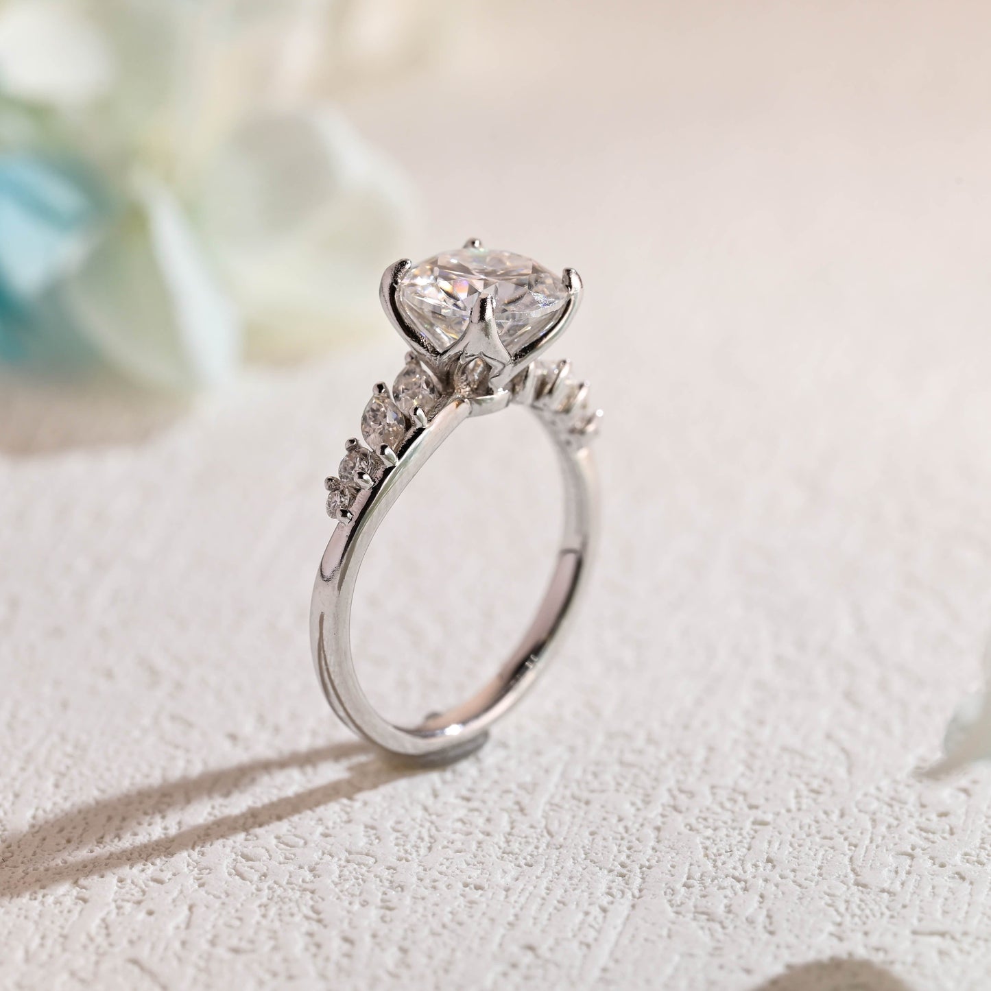 CausYou round cut moissanite engagement ring CausYou Solid Gold Tulip Setting Round Cut Moissanite Engagement Ring, Marquise Side Stones Promise Ring, Gift for Women, Wife