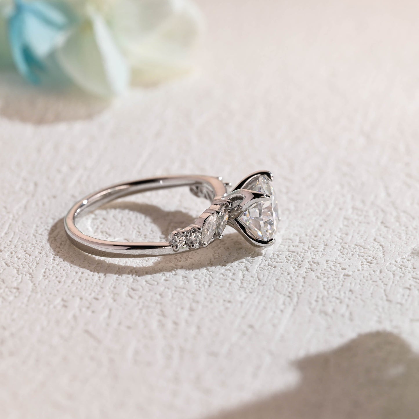 CausYou round cut moissanite engagement ring CausYou Solid Gold Tulip Setting Round Cut Moissanite Engagement Ring, Marquise Side Stones Promise Ring, Gift for Women, Wife