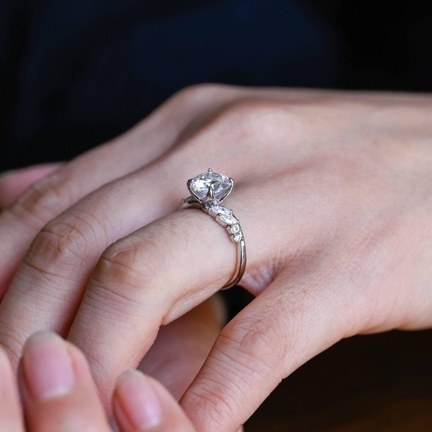 CausYou round cut moissanite engagement ring CausYou Solid Gold Tulip Setting Round Cut Moissanite Engagement Ring, Marquise Side Stones Promise Ring, Gift for Women, Wife