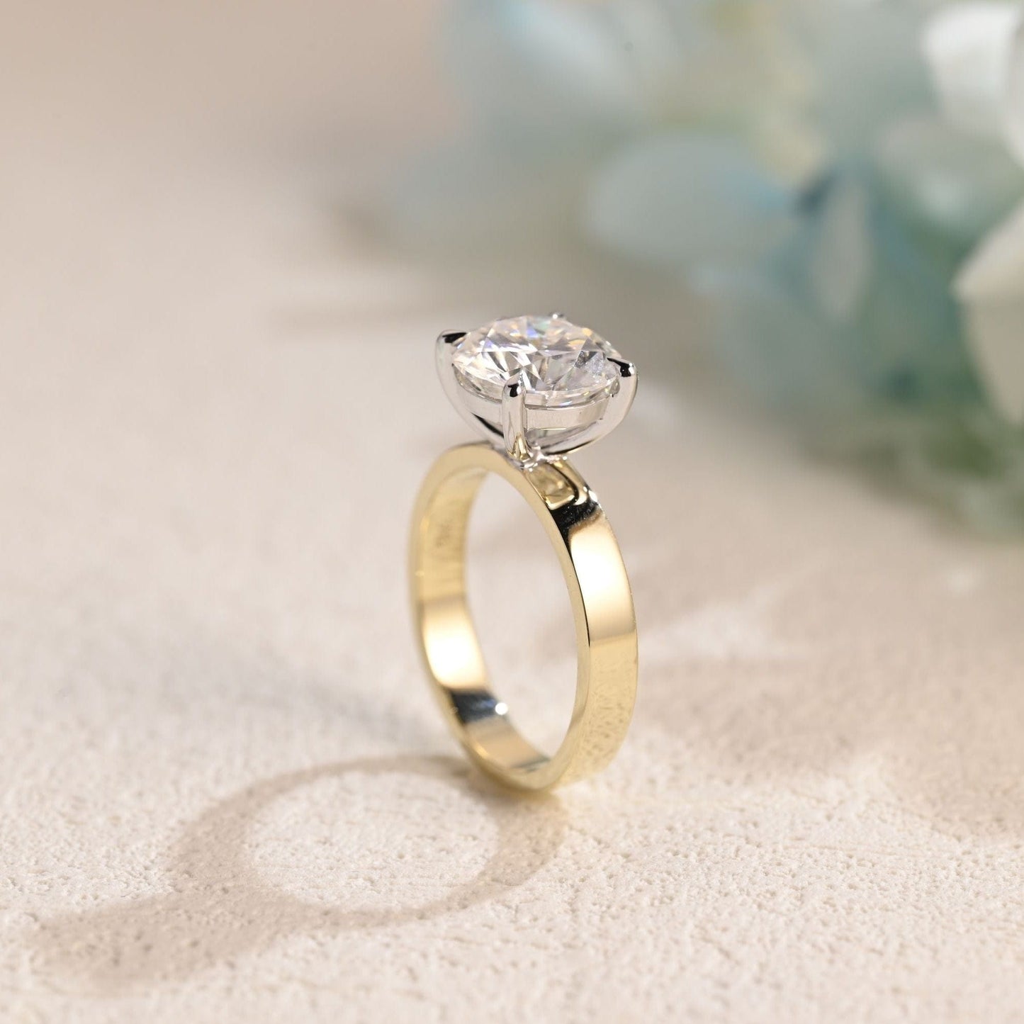 CausYou round cut moissanite engagement ring Solid Gold 3mm Width Round Cut Moissanite Engagement Ring, Two Tone Solitaire Promise Ring, Gift for Women Wife