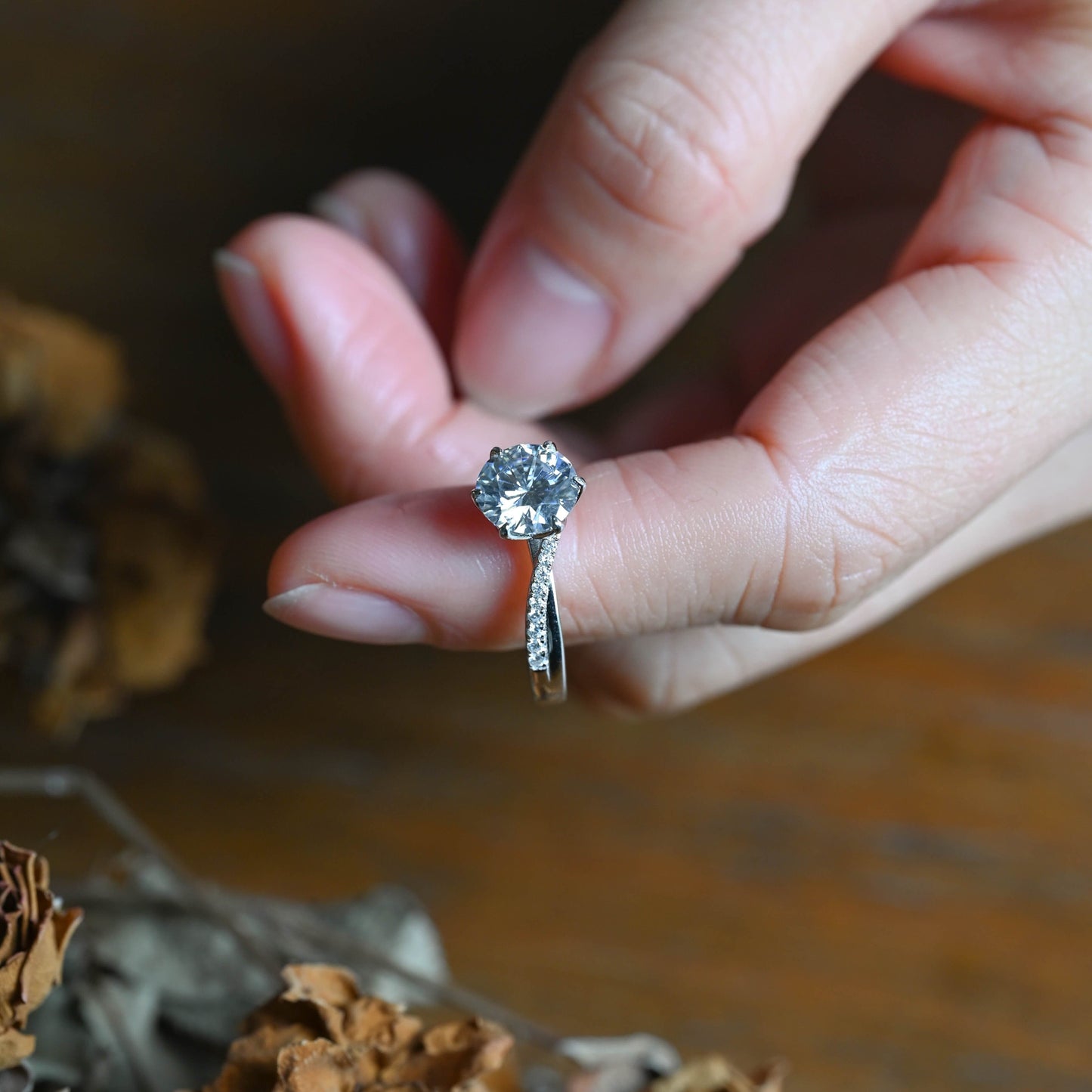 CausYou round cut moissanite engagement ring Solid Gold Pave Round Cut Moissanite Engagement Ring