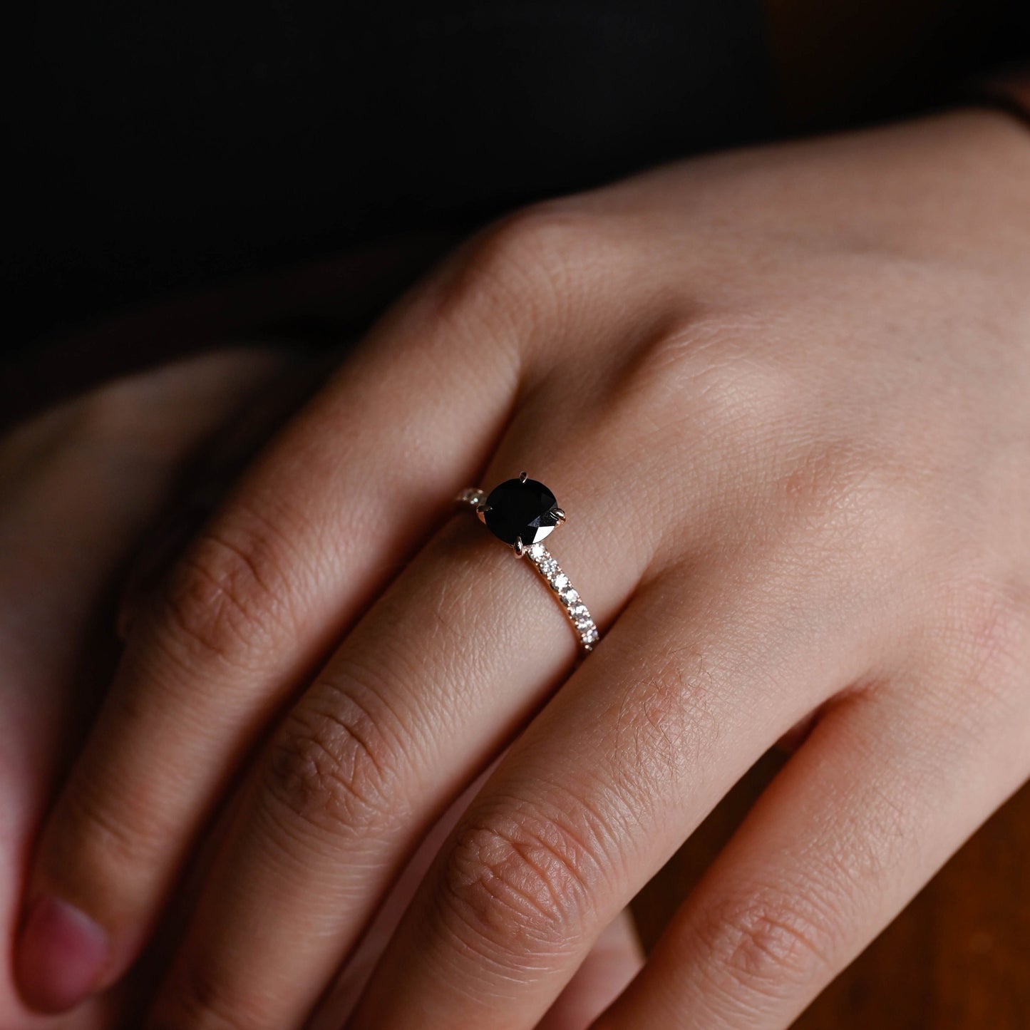 CausYou round cut moissanite engagement ring Solid Gold Round Black Moissanite Engagement Ring Hidden Halo