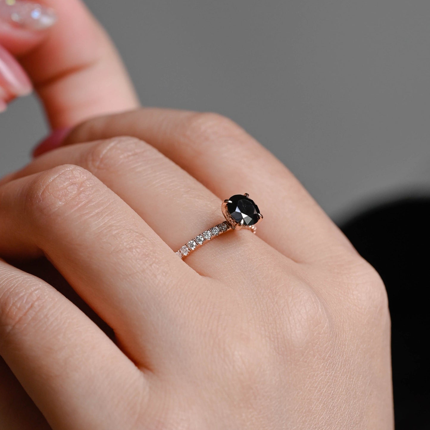 CausYou round cut moissanite engagement ring Solid Gold Round Black Moissanite Engagement Ring Hidden Halo