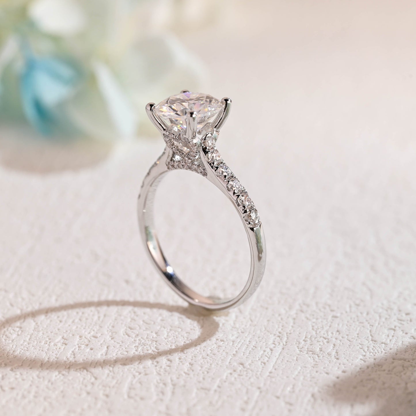 CausYou round cut moissanite engagement ring Solid Gold Round Cut Moissanite Engagement Ring Hidden Halo, Cathedral Ring
