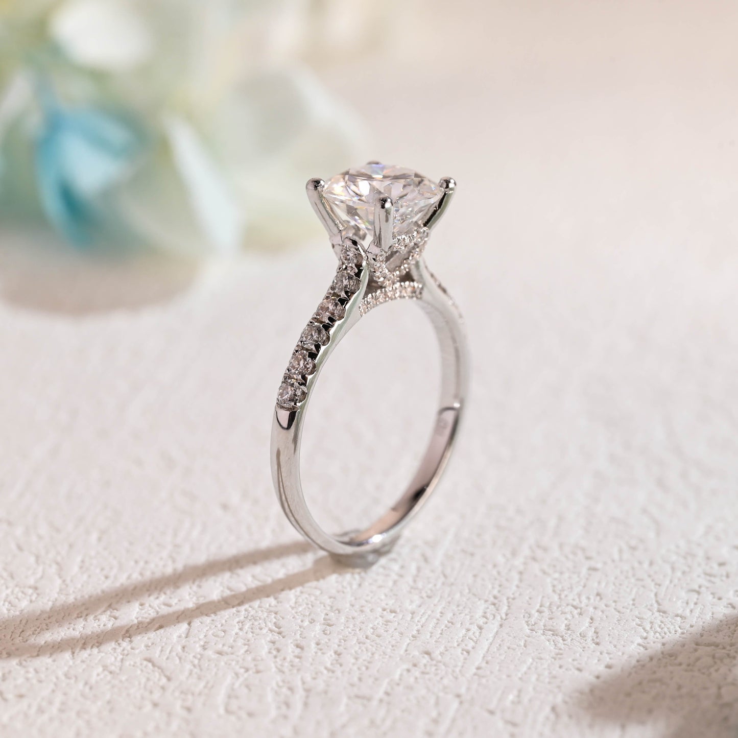 CausYou round cut moissanite engagement ring Solid Gold Round Cut Moissanite Engagement Ring Hidden Halo, Cathedral Ring