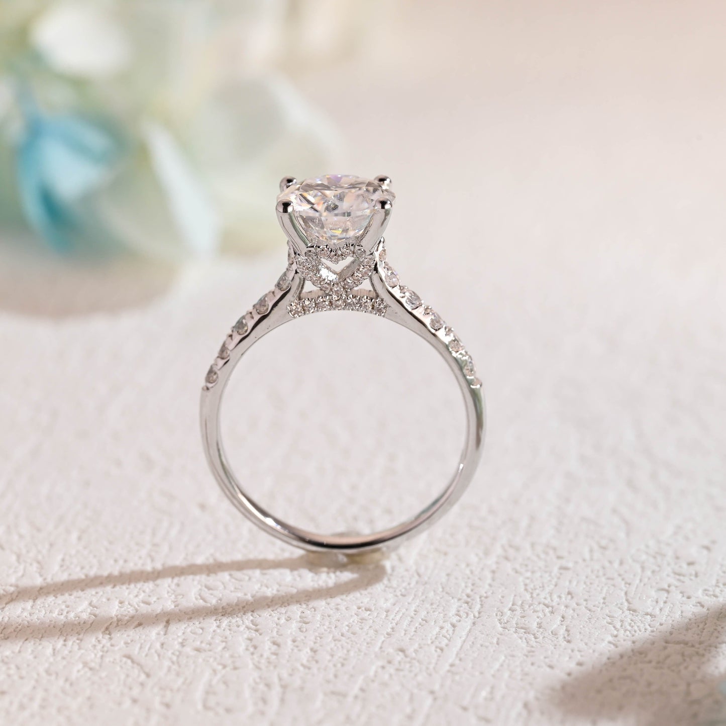CausYou round cut moissanite engagement ring Solid Gold Round Cut Moissanite Engagement Ring Hidden Halo, Cathedral Ring