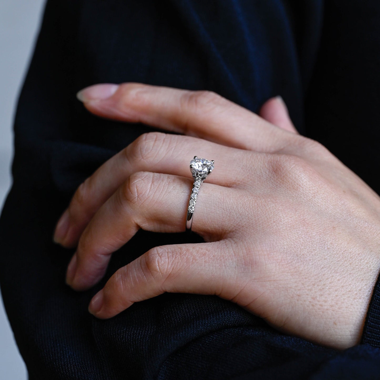 CausYou round cut moissanite engagement ring Solid Gold Round Cut Moissanite Engagement Ring Hidden Halo, Cathedral Ring