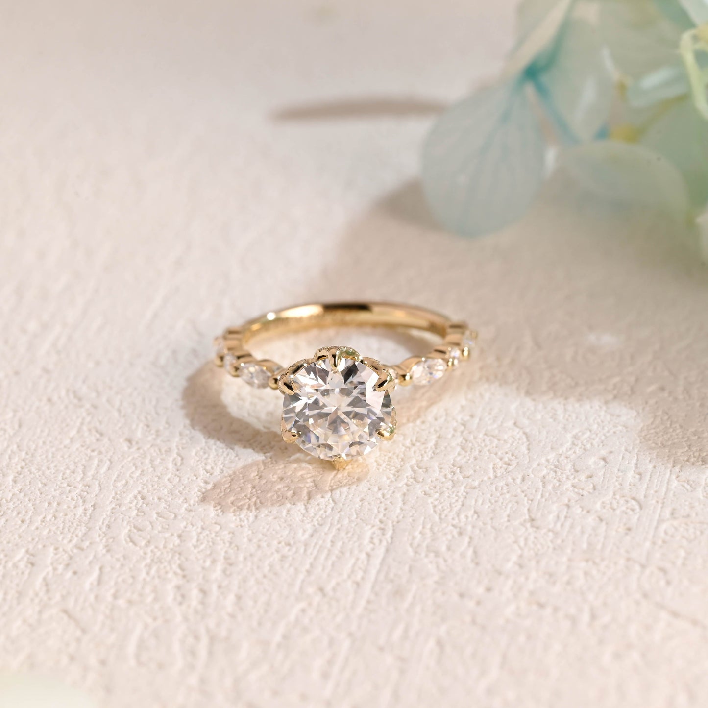 CausYou round cut moissanite engagement ring Solid Gold Round Cut Moissanite Engagement Ring Hidden Halo, Pave Marquise Ring