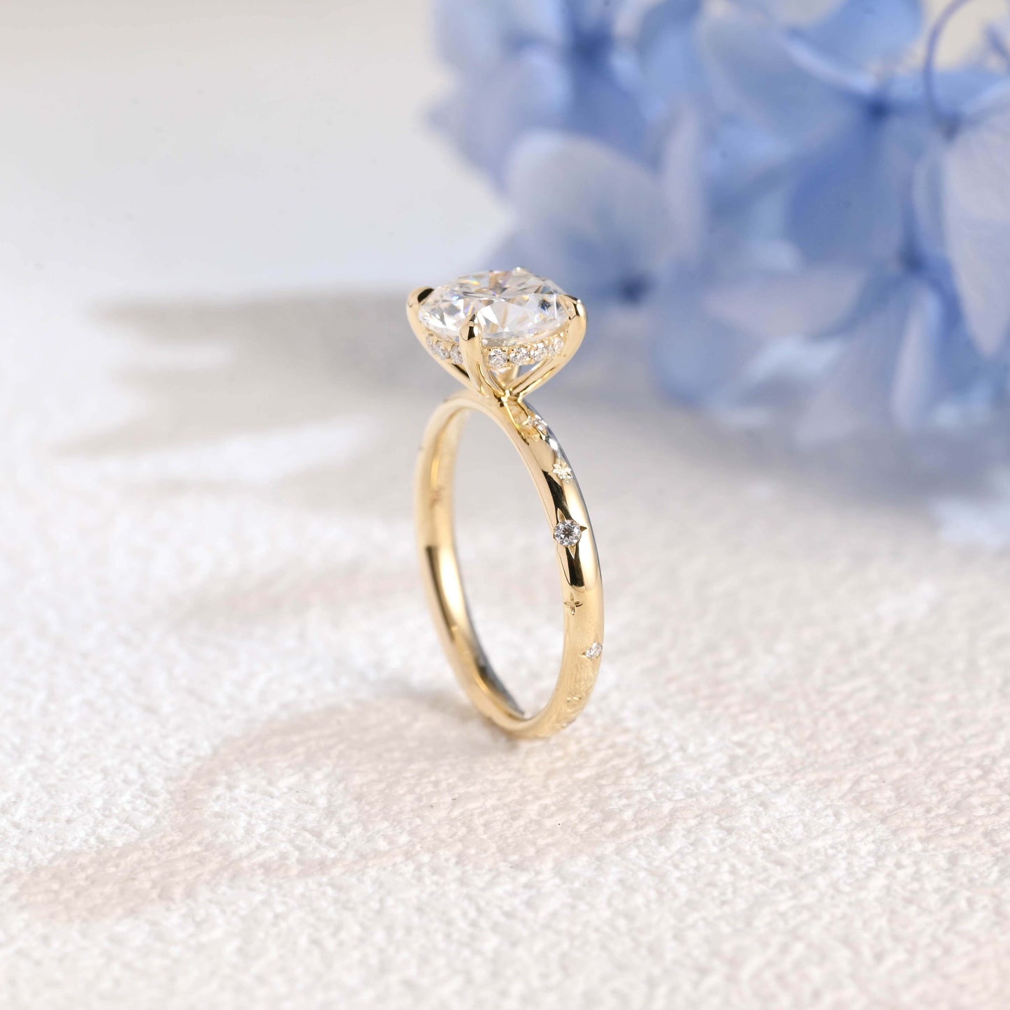 CausYou round cut moissanite engagement ring Solid Gold Solitaire Hidden Halo Round Cut Moissanite Engagement Ring, Star Engraved Band