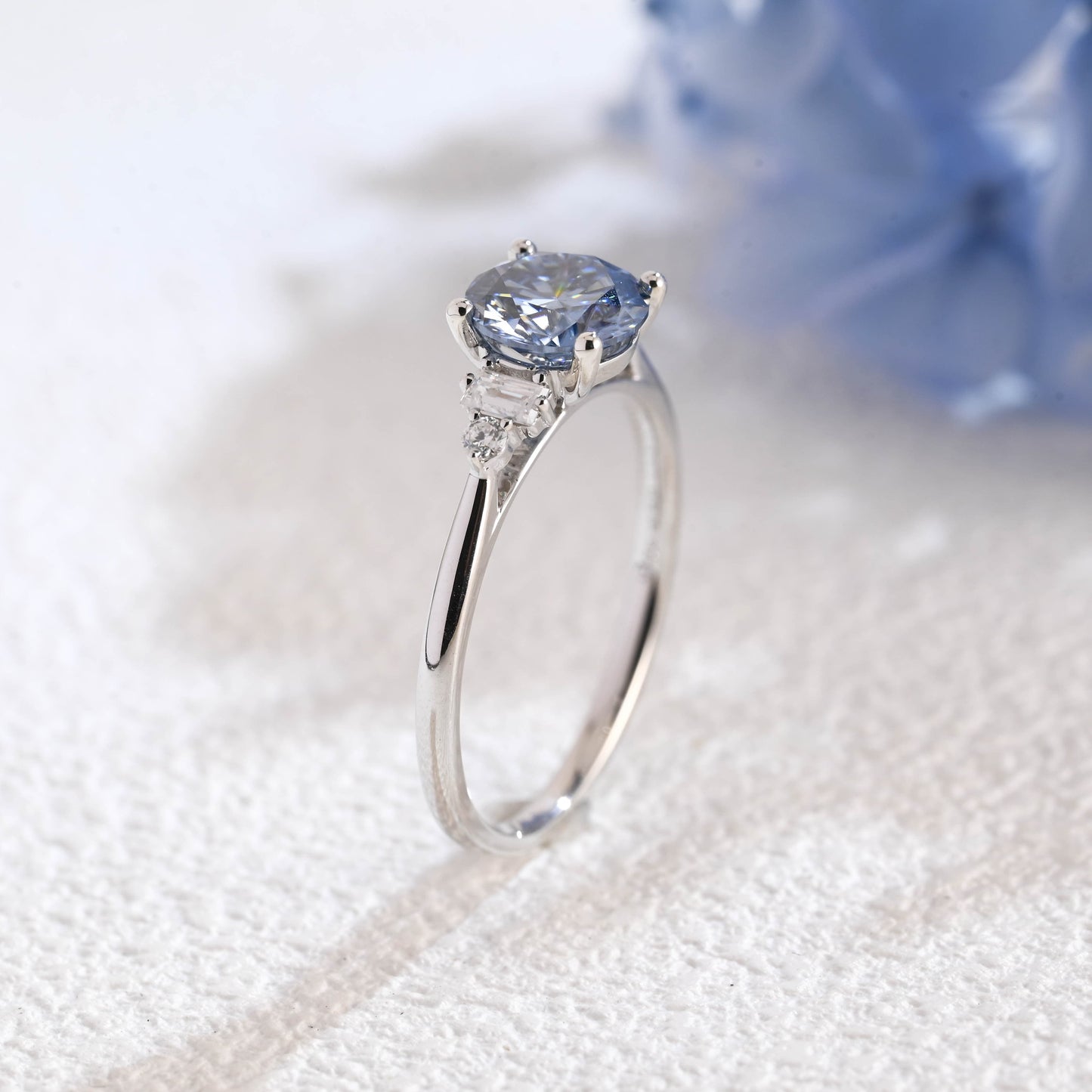 CausYou round cut moissanite engagement ring Solid Gold Three Stone Round Cut Blue Moissanite Engagement Ring