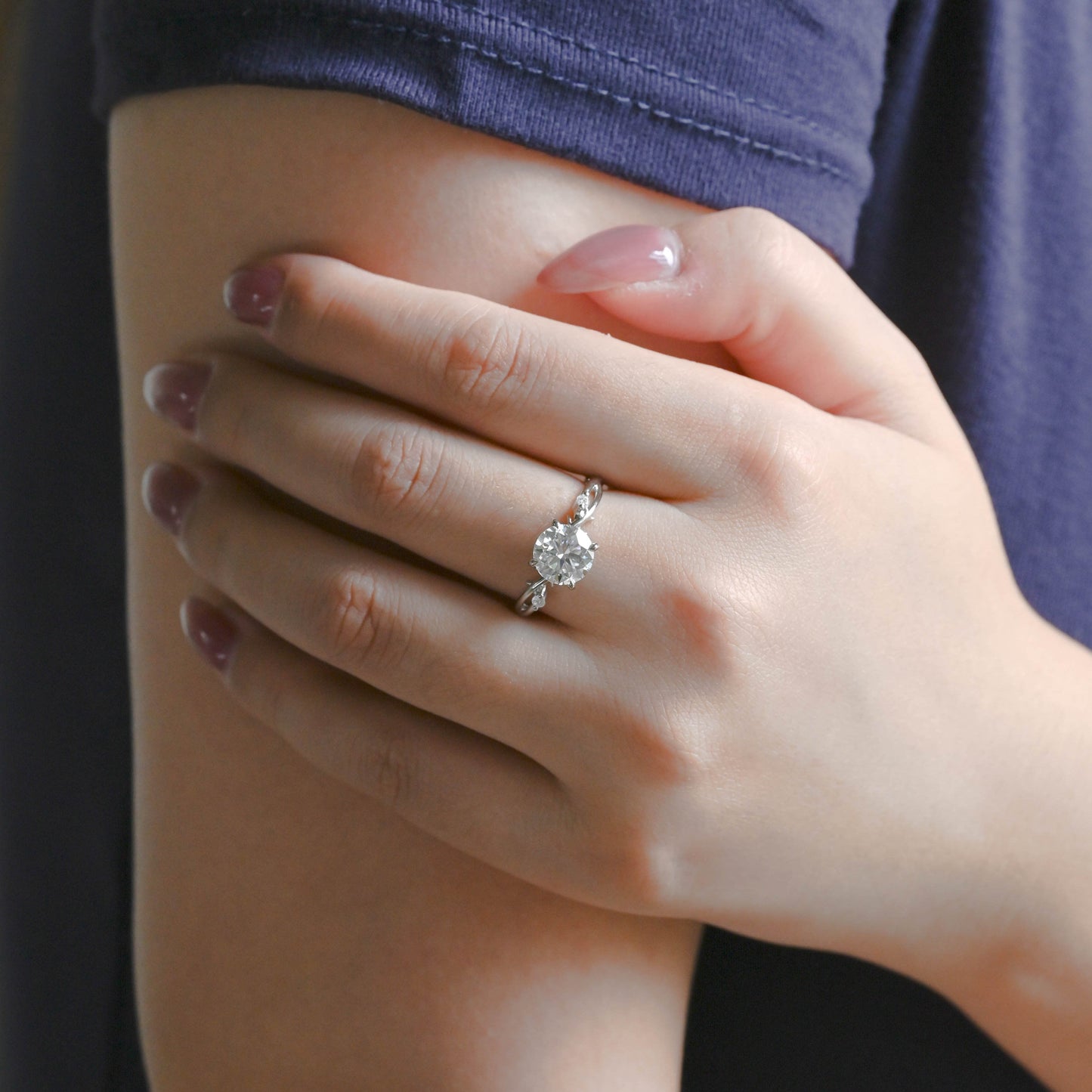 CausYou round cut moissanite engagement ring Solid Gold Twist Band Round Cut Moissanite Ring, Leaf Wedding Ring