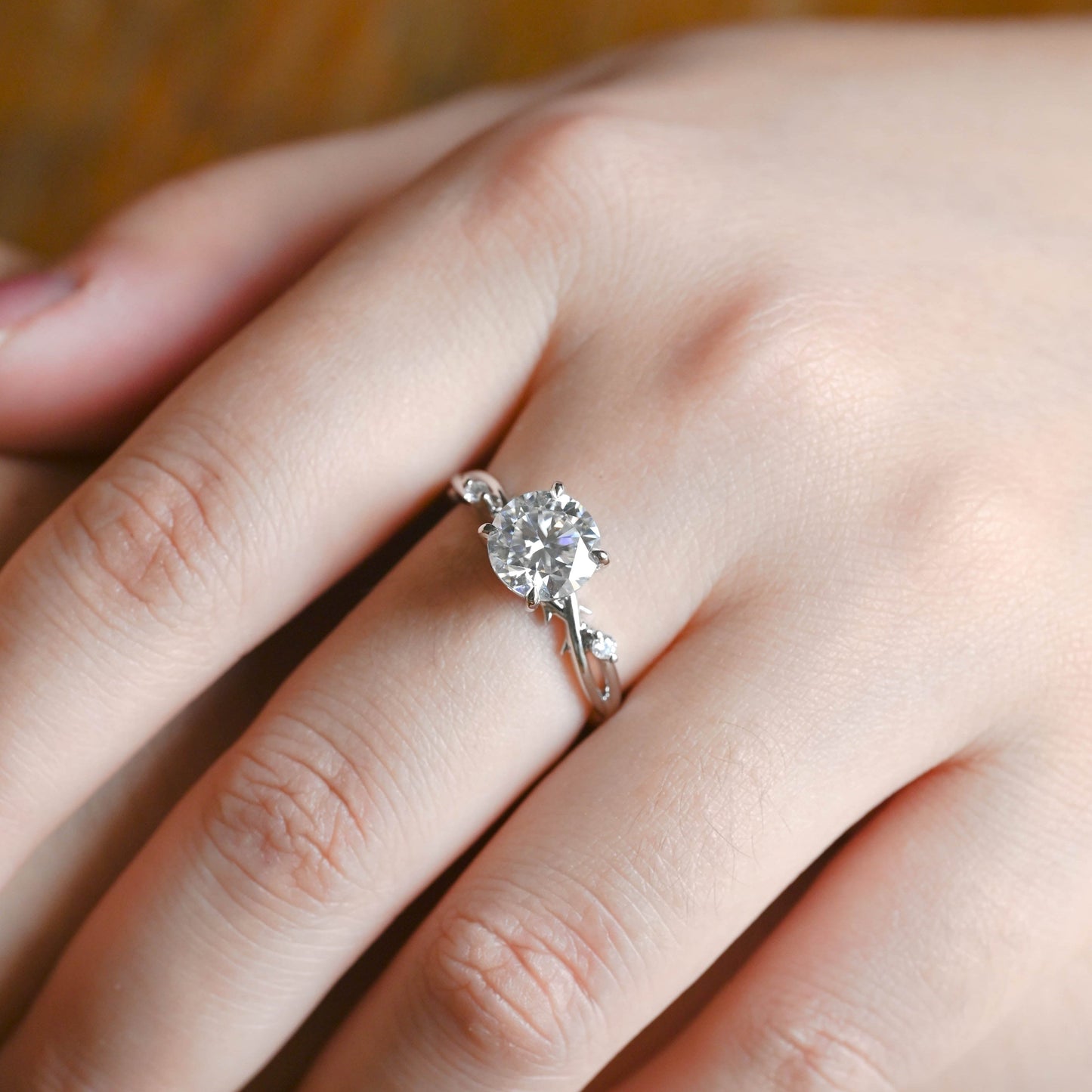 CausYou round cut moissanite engagement ring Solid Gold Twist Band Round Cut Moissanite Ring, Leaf Wedding Ring
