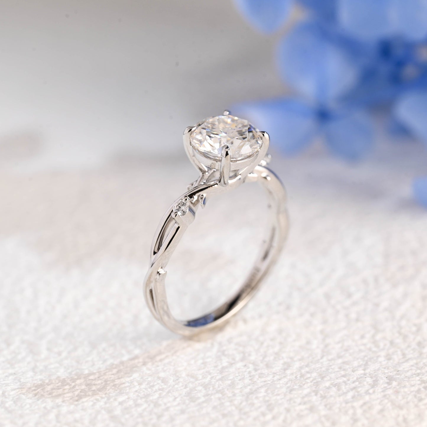 CausYou round cut moissanite engagement ring Solid Gold Twist Band Round Cut Moissanite Ring, Leaf Wedding Ring