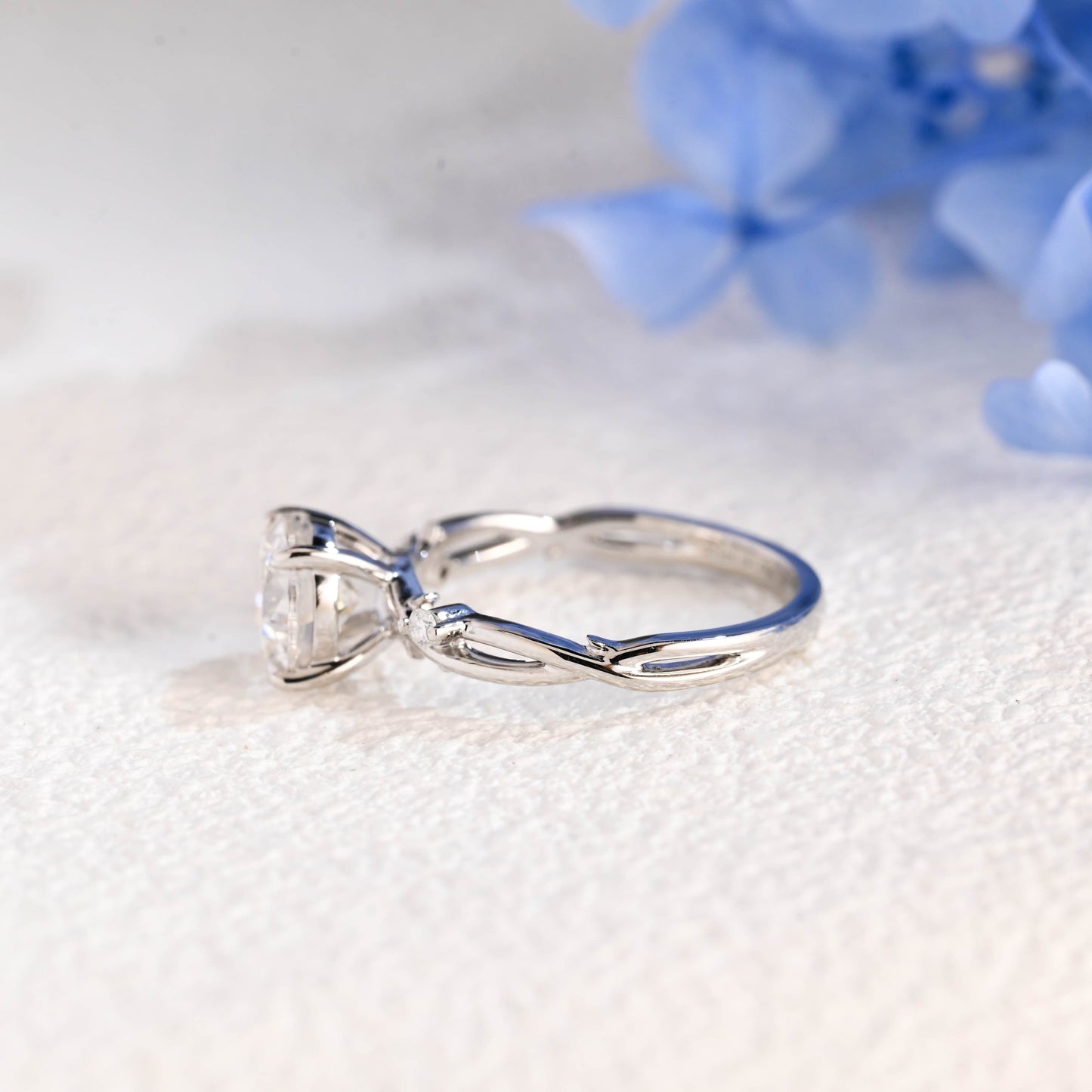 CausYou round cut moissanite engagement ring Solid Gold Twist Band Round Cut Moissanite Ring, Leaf Wedding Ring