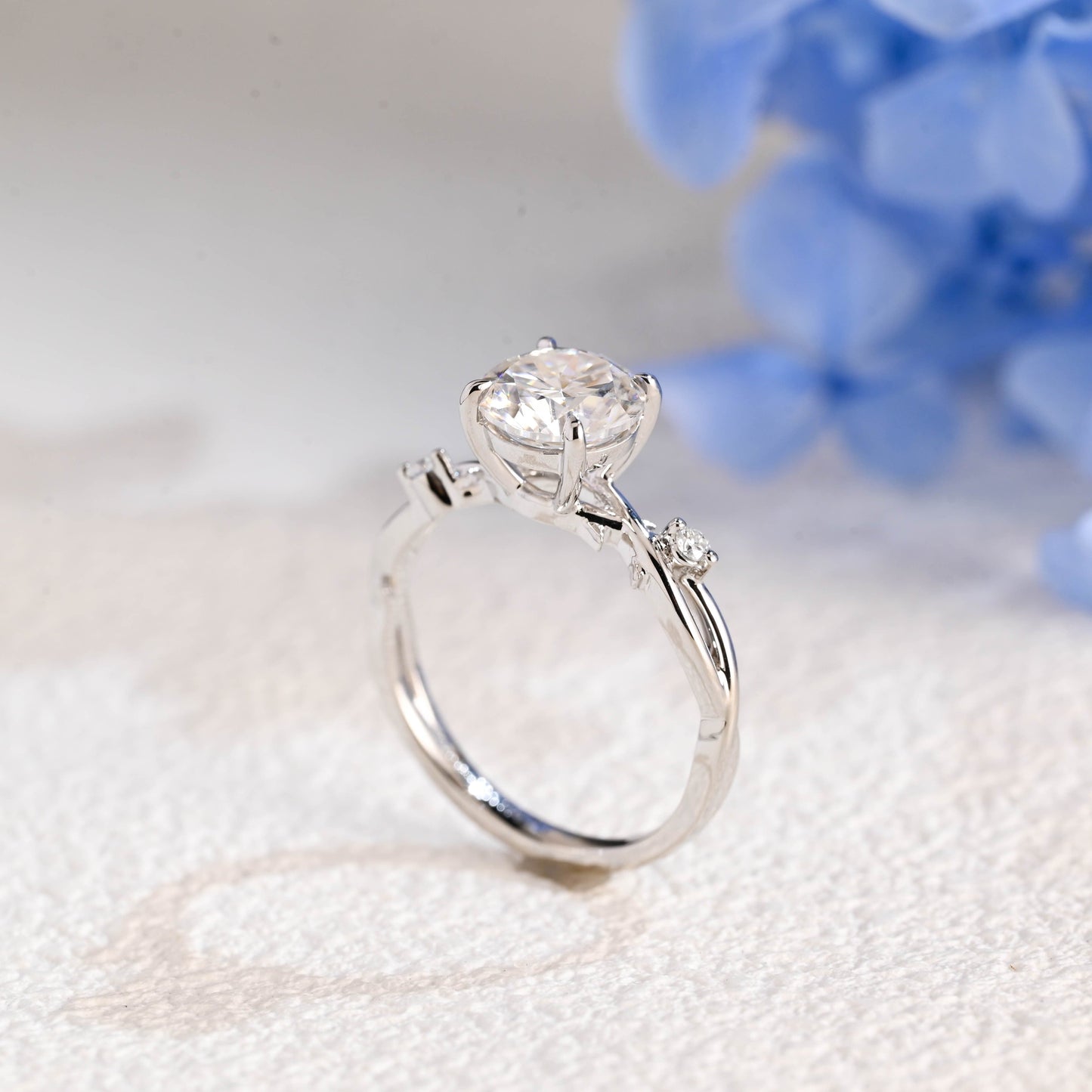 CausYou round cut moissanite engagement ring Solid Gold Twist Band Round Cut Moissanite Ring, Leaf Wedding Ring