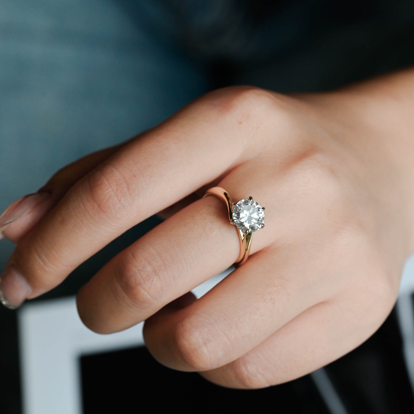 CausYou round cut moissanite engagement ring Solid Gold Two Tone Round Moissanite Engagement Ring, Solitaire Bypass Ring