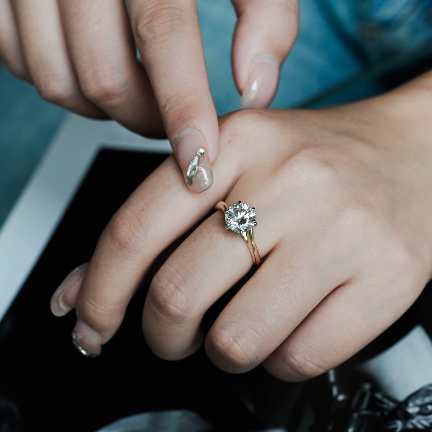 CausYou round cut moissanite engagement ring Solid Gold Two Tone Round Moissanite Engagement Ring, Solitaire Bypass Ring
