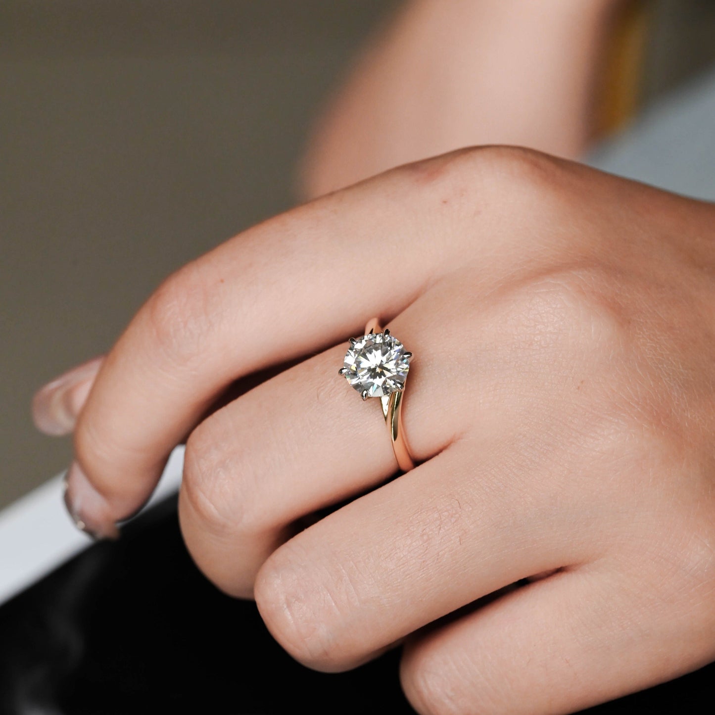 CausYou round cut moissanite engagement ring Solid Gold Two Tone Round Moissanite Engagement Ring, Solitaire Bypass Ring