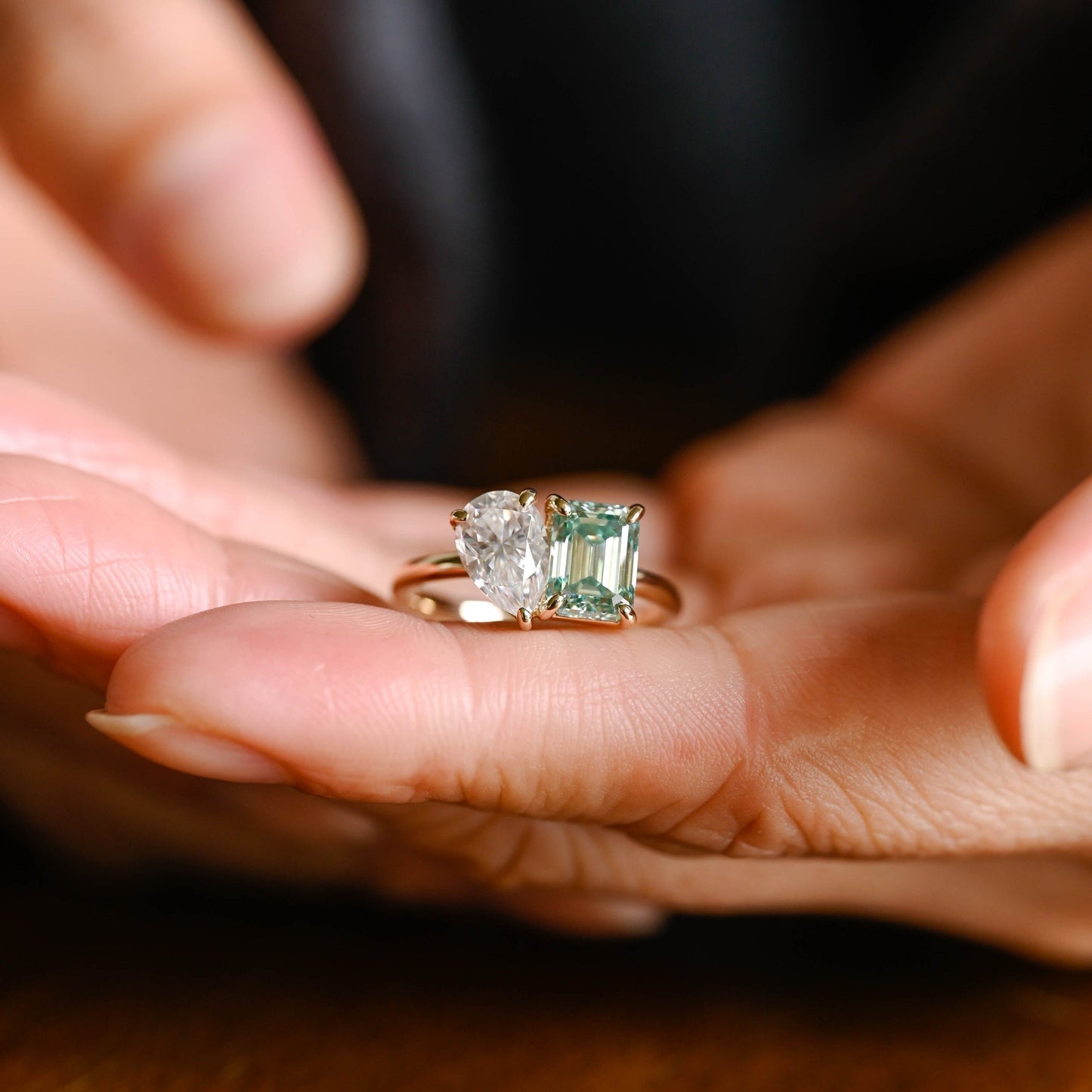 CausYou toi et moi engagement ring CausYou Solid Gold Toi Et Moi Green Moissanite Engagement Ring, Low Set Wedding Ring Promise Ring for Women