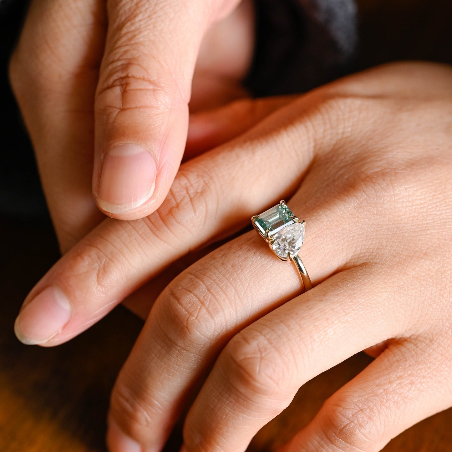CausYou toi et moi engagement ring CausYou Solid Gold Toi Et Moi Green Moissanite Engagement Ring, Low Set Wedding Ring Promise Ring for Women