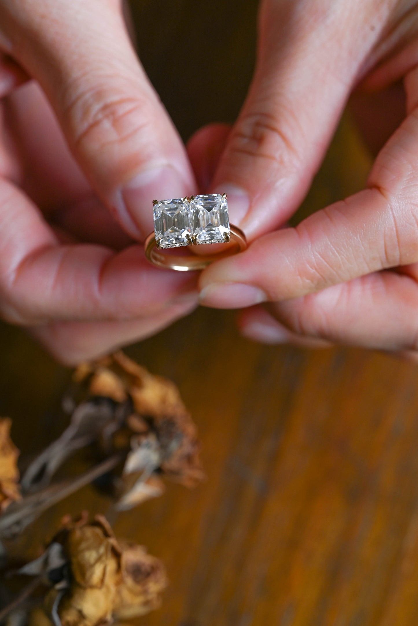 CausYou toi et moi engagement ring Solid Gold Emerald Cut Moissanite Toi et Moi Ring