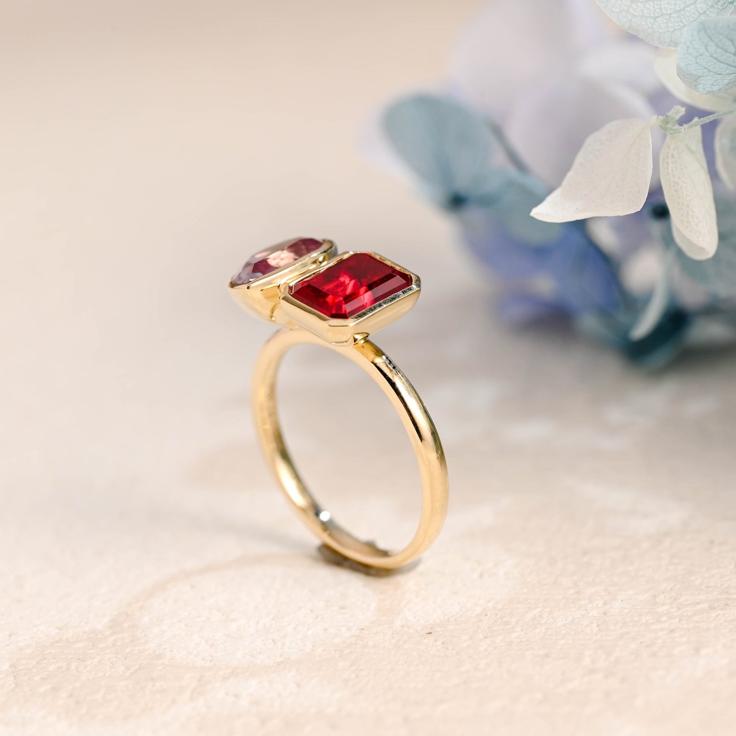 CausYou toi et moi engagement ring Solid Gold Toi Et Moi Emerald Cut Lab Ruby & Pear Cut Alexandrite Engagement Ring