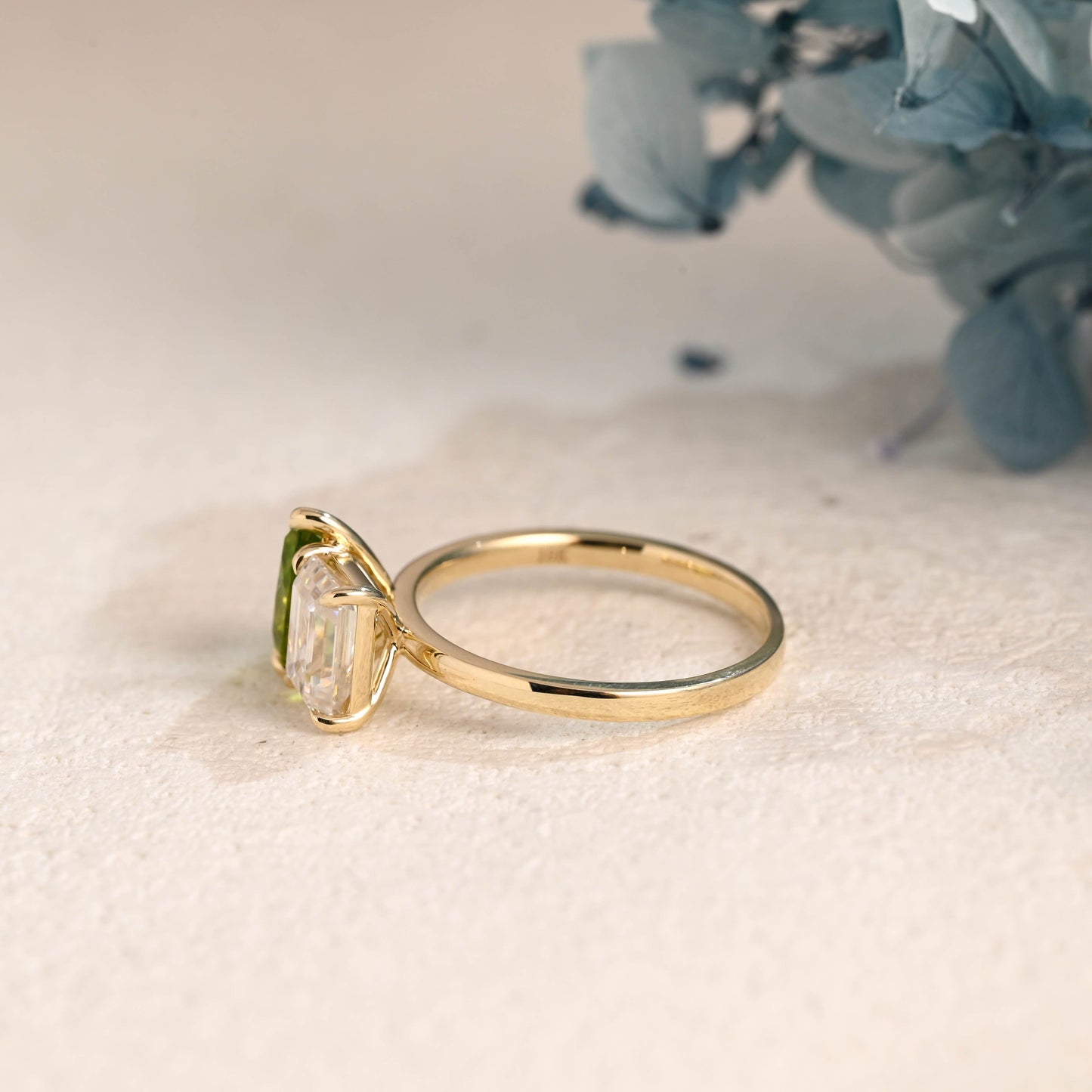 CausYou toi et moi engagement ring Solid Gold Toi et Moi Emerald Cut Moissanite & Green Natural Olivine Engagement Ring
