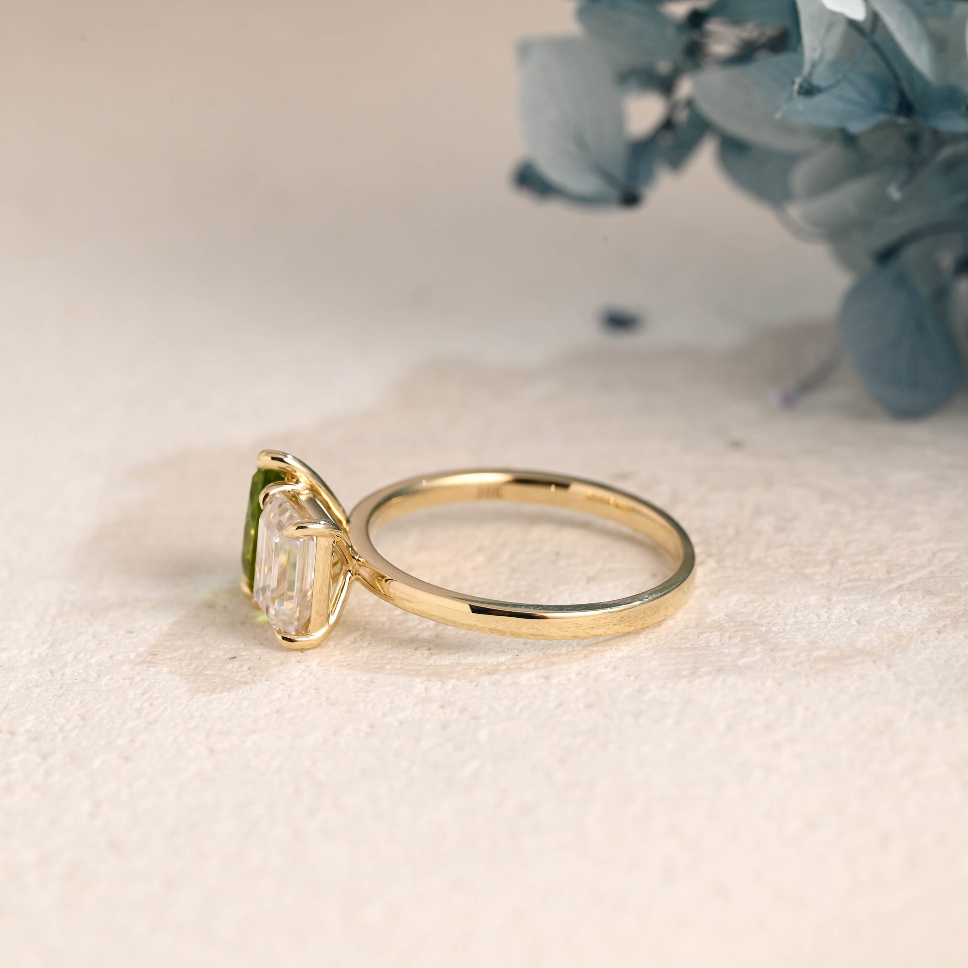 CausYou toi et moi engagement ring Solid Gold Toi et Moi Emerald Cut Moissanite & Green Natural Olivine Engagement Ring