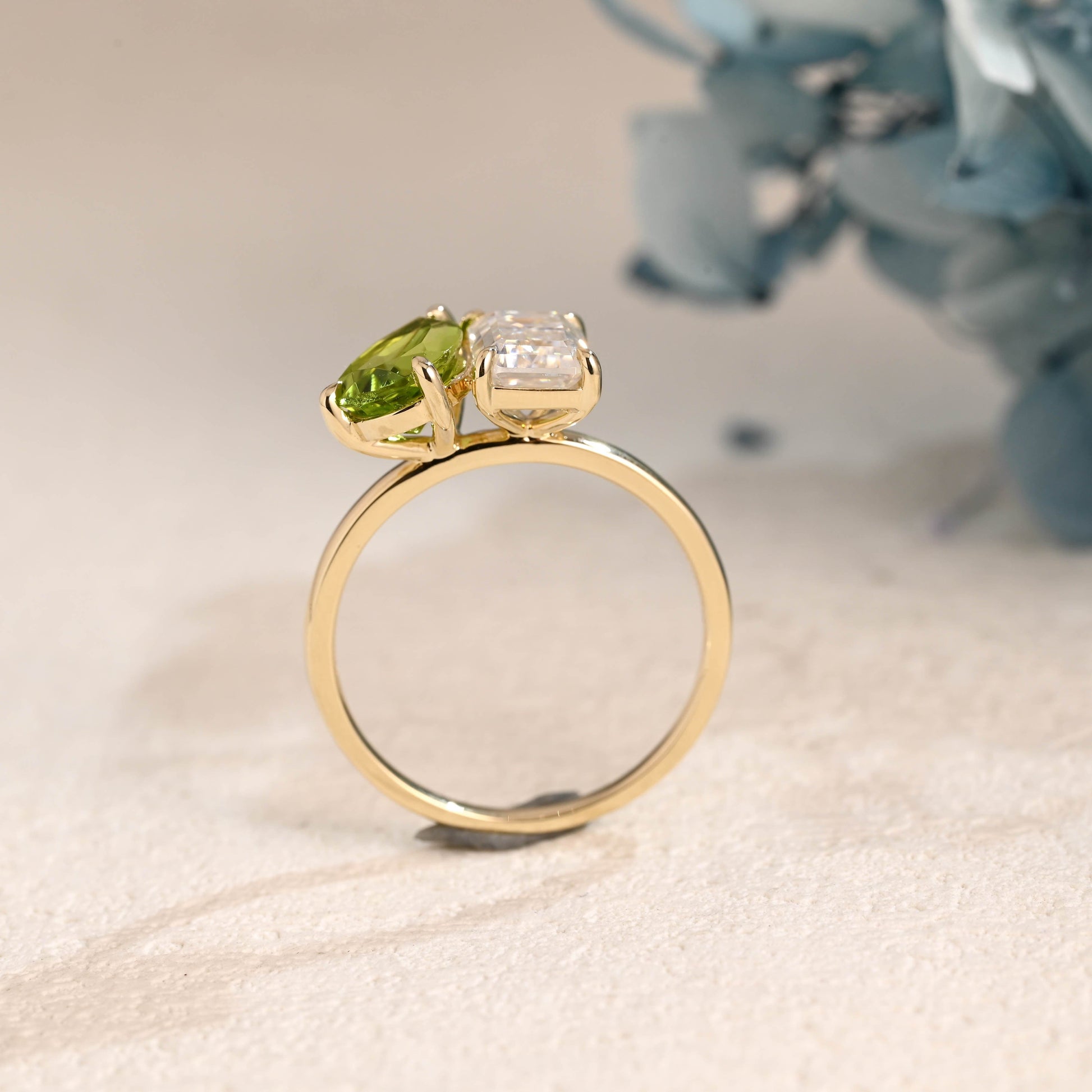 CausYou toi et moi engagement ring Solid Gold Toi et Moi Emerald Cut Moissanite & Green Natural Olivine Engagement Ring